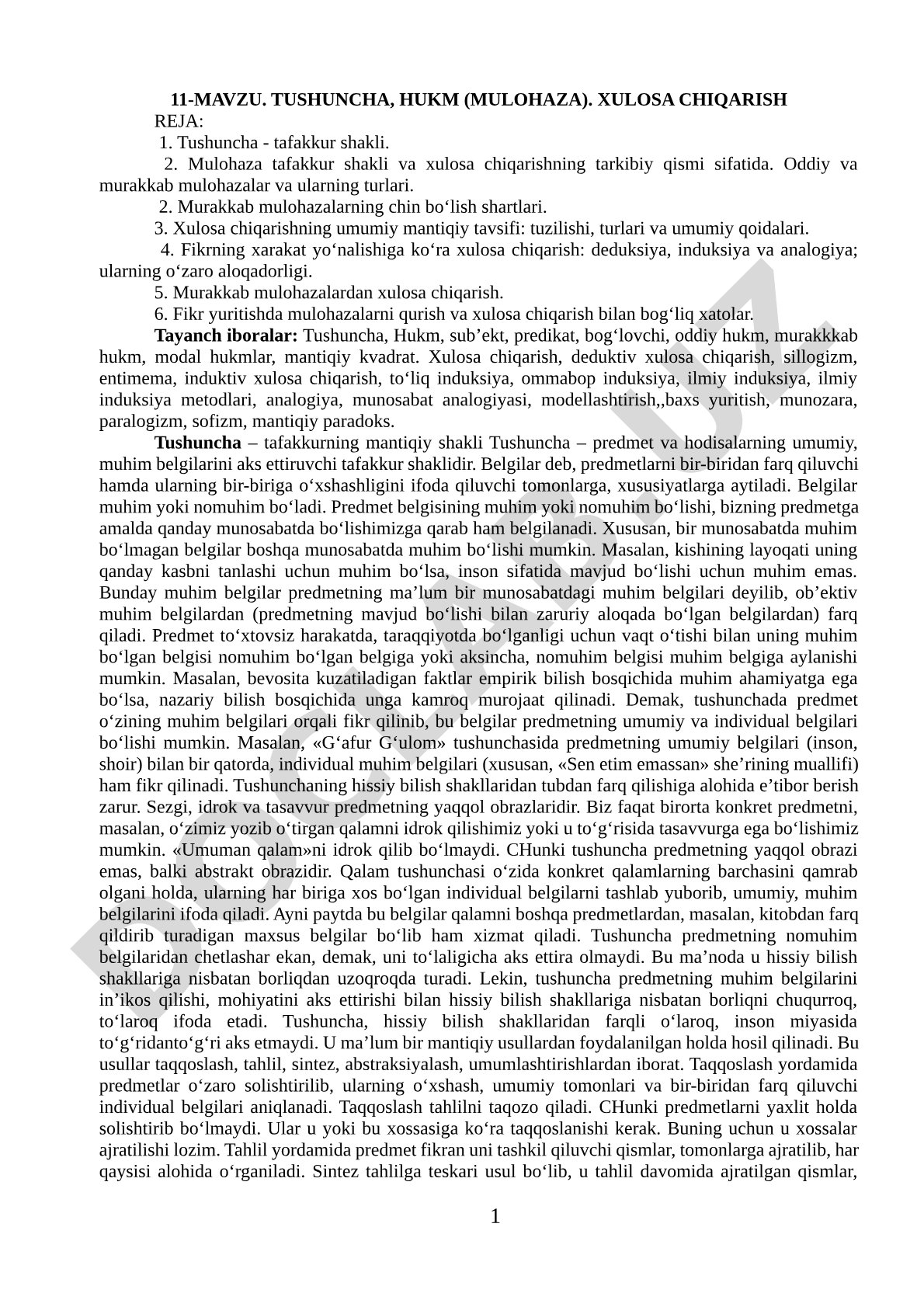 TUSHUNCHA, HUKM (MULOHAZA). XULOSA CHIQARISH