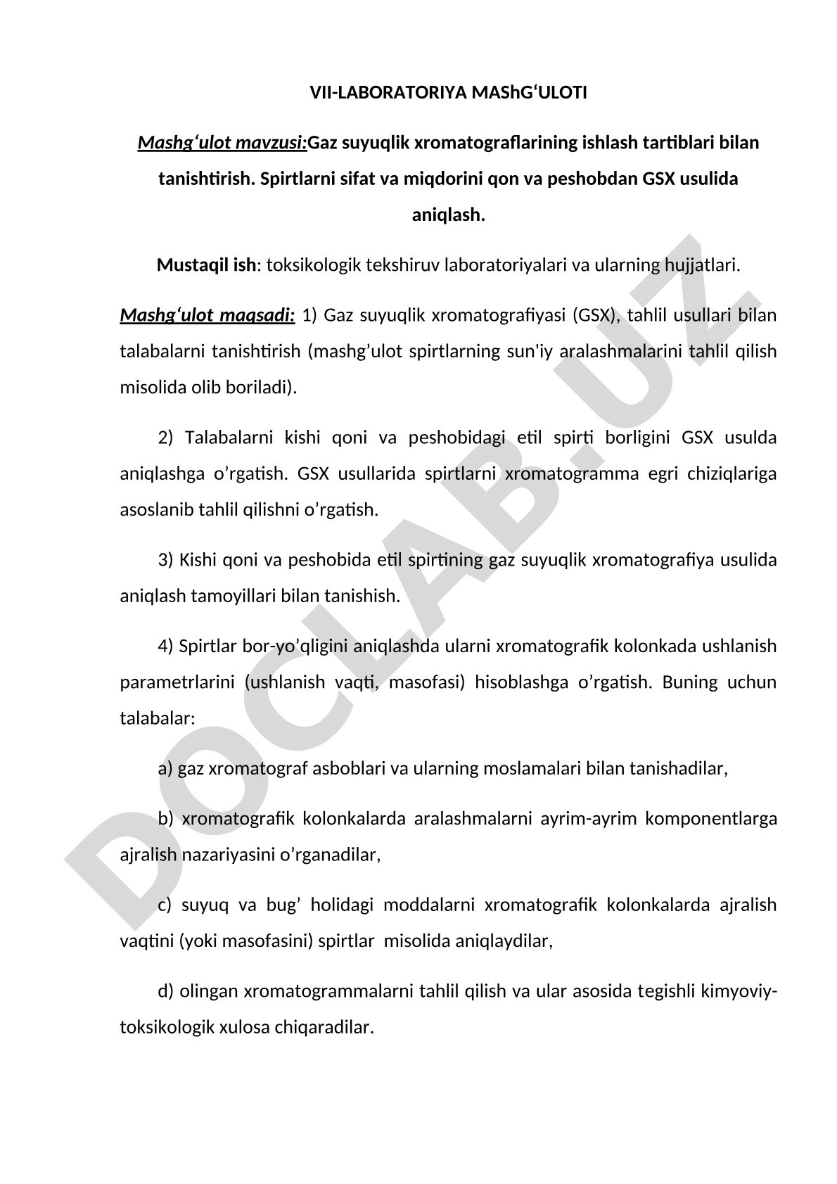 Gaz suyuqlik xromatograflarining ishlash tartiblari bilan tanishtirish. Spirtlarni sifat va miqdorini qon va peshobdan GSX usulida aniqlash