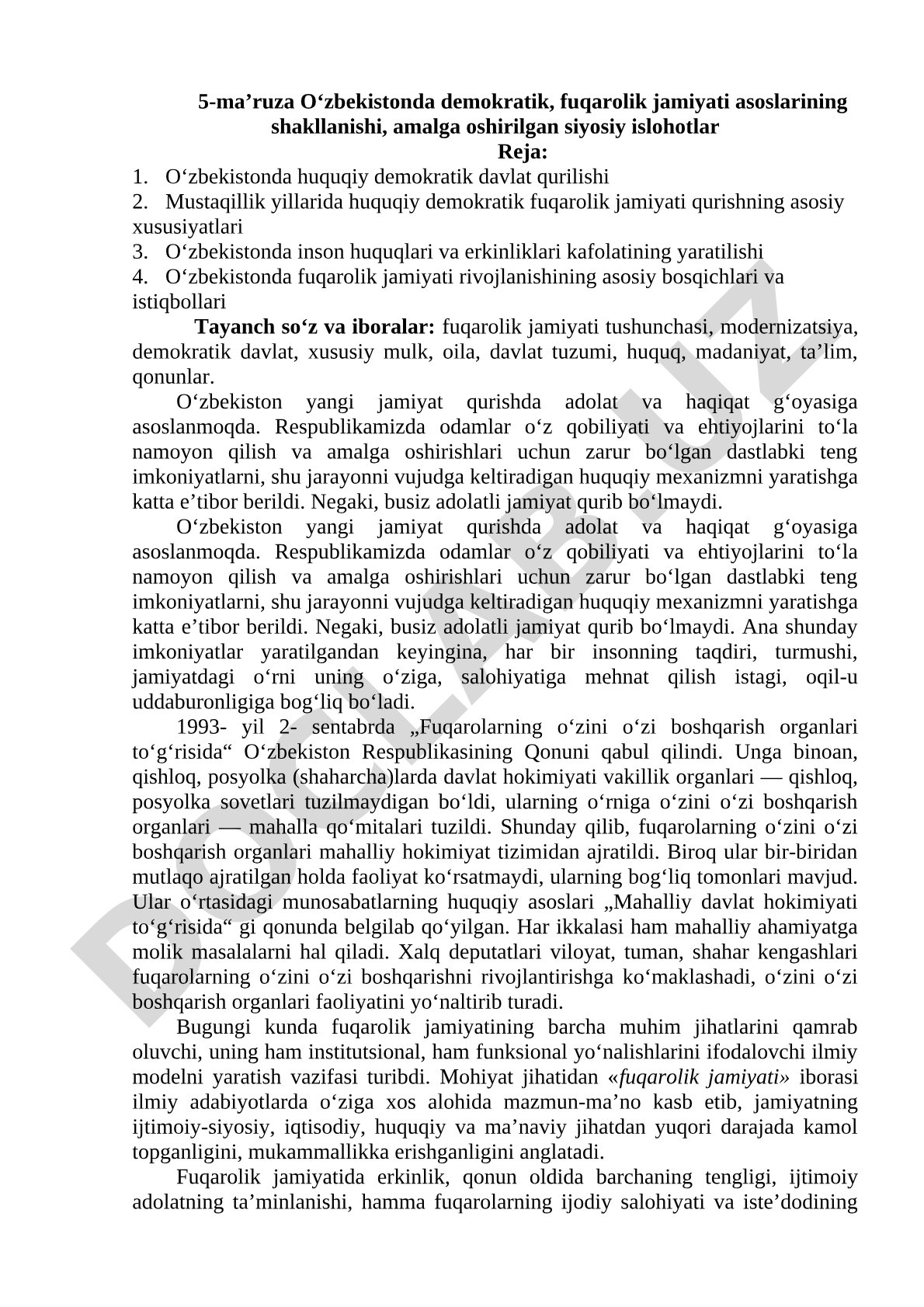 O‘zbekistonda demokratik, fuqarolik jamiyati asoslarining shakllanishi, amalga oshirilgan siyosiy islohotlar