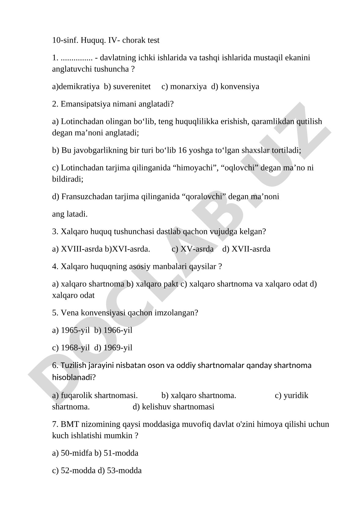 10-sinf Huquq IV-chorak test 1