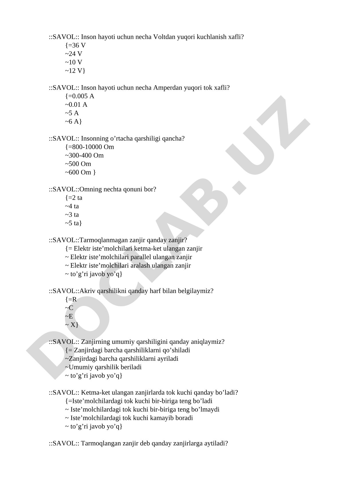 Elektr xavfsizligi va Om qonuniga oid test savollari