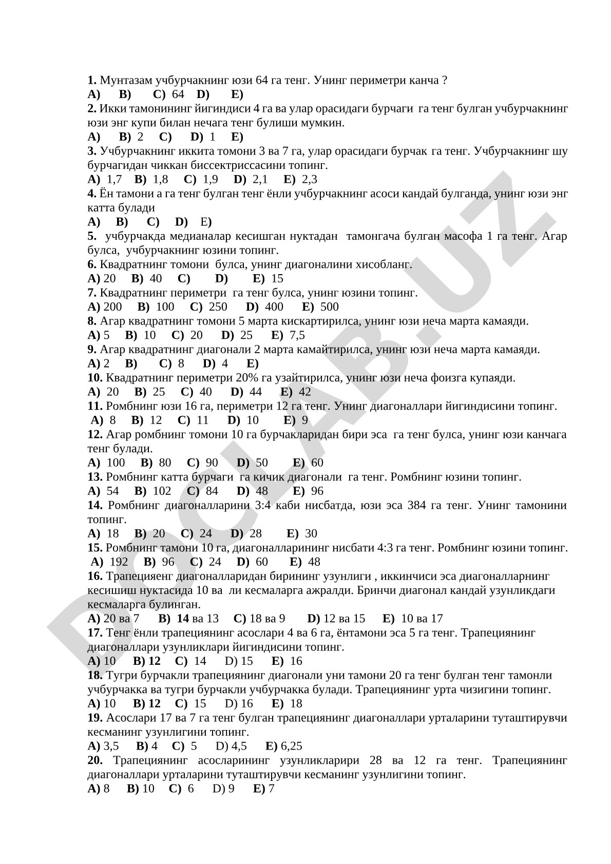 Geometrik shakllar yuzi va perimetri bo'yicha test