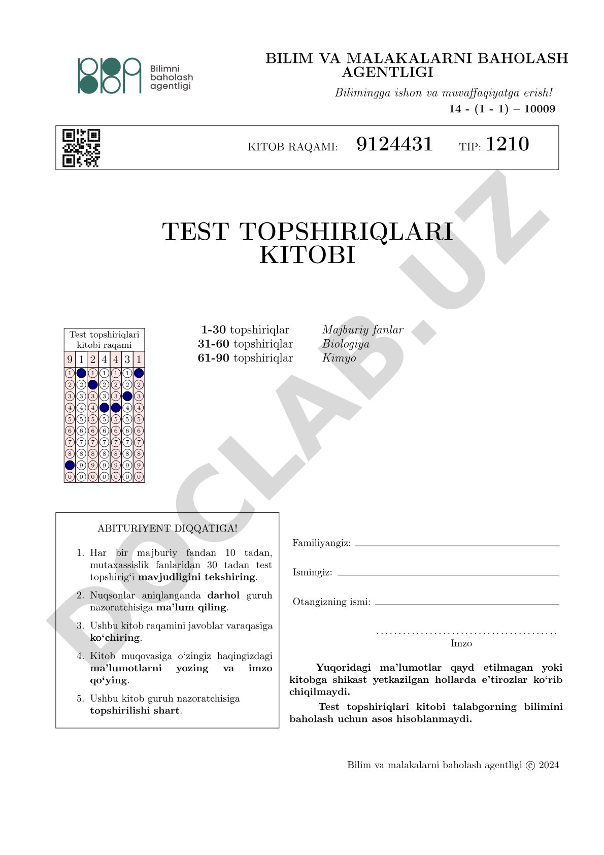 Test topshiriqlari kitobi: majburiy fanlar, biologiya va kimyo