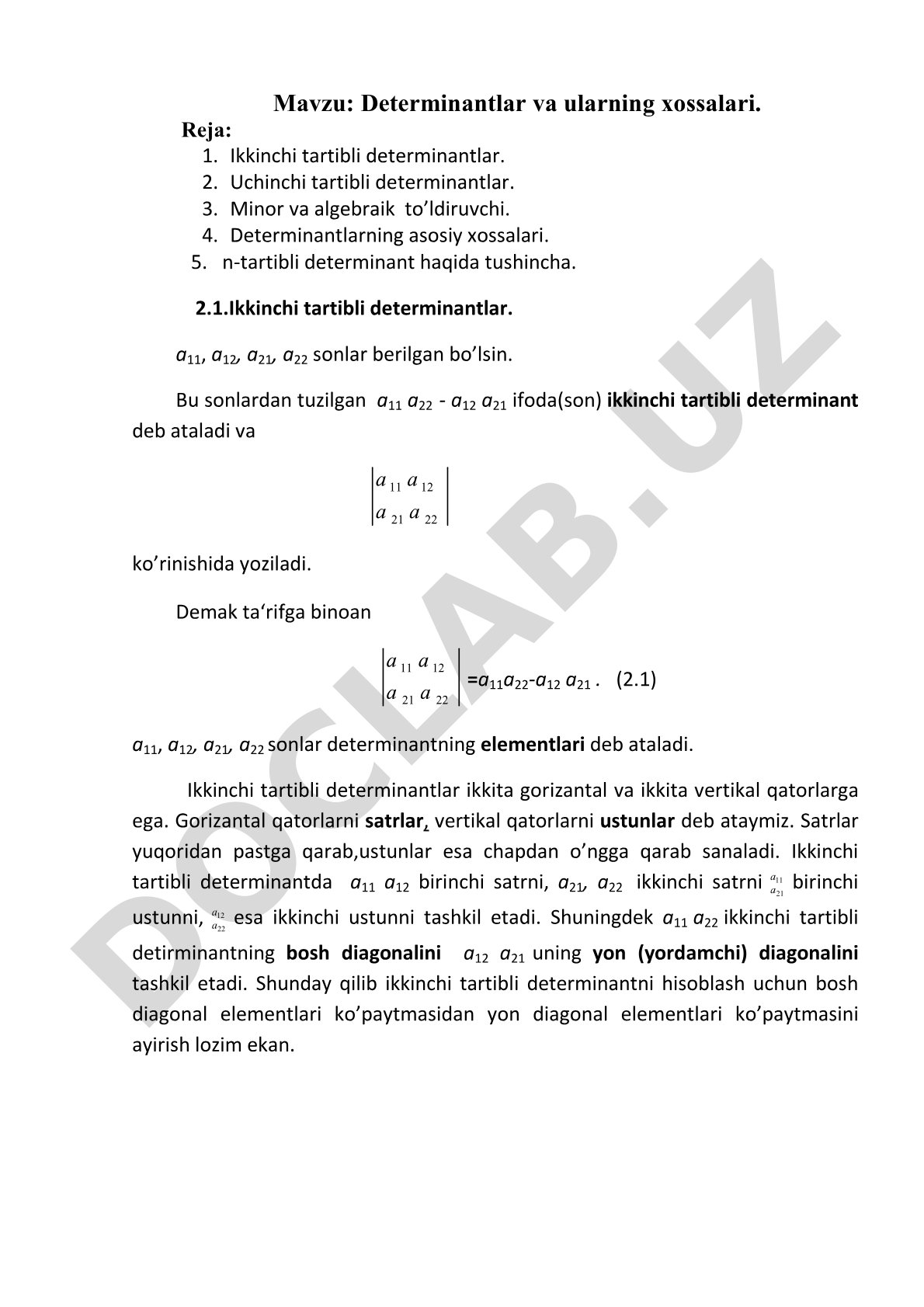 Determinantlar va ularning xossalari