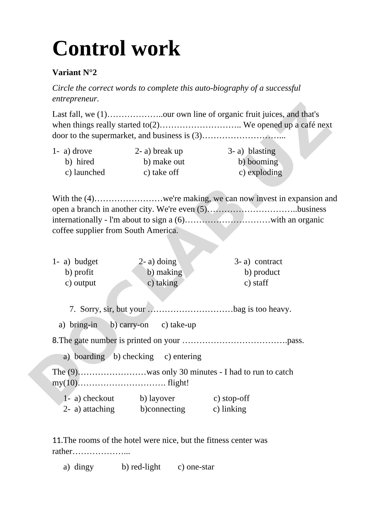 Business and travel vocabulary multiple-choice test