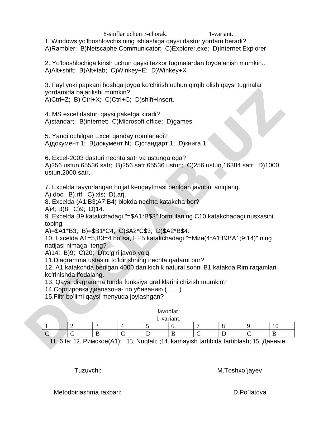 8-sinflar uchun 3-chorak. 1-variant.