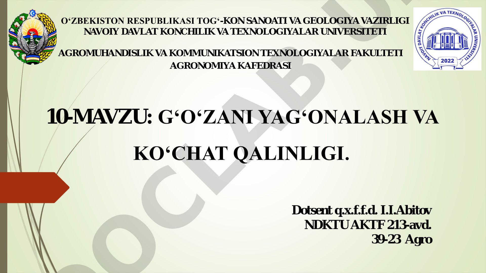 G‘O‘ZANI YAG‘ONALASH VA KO‘CHAT QALINLIGI