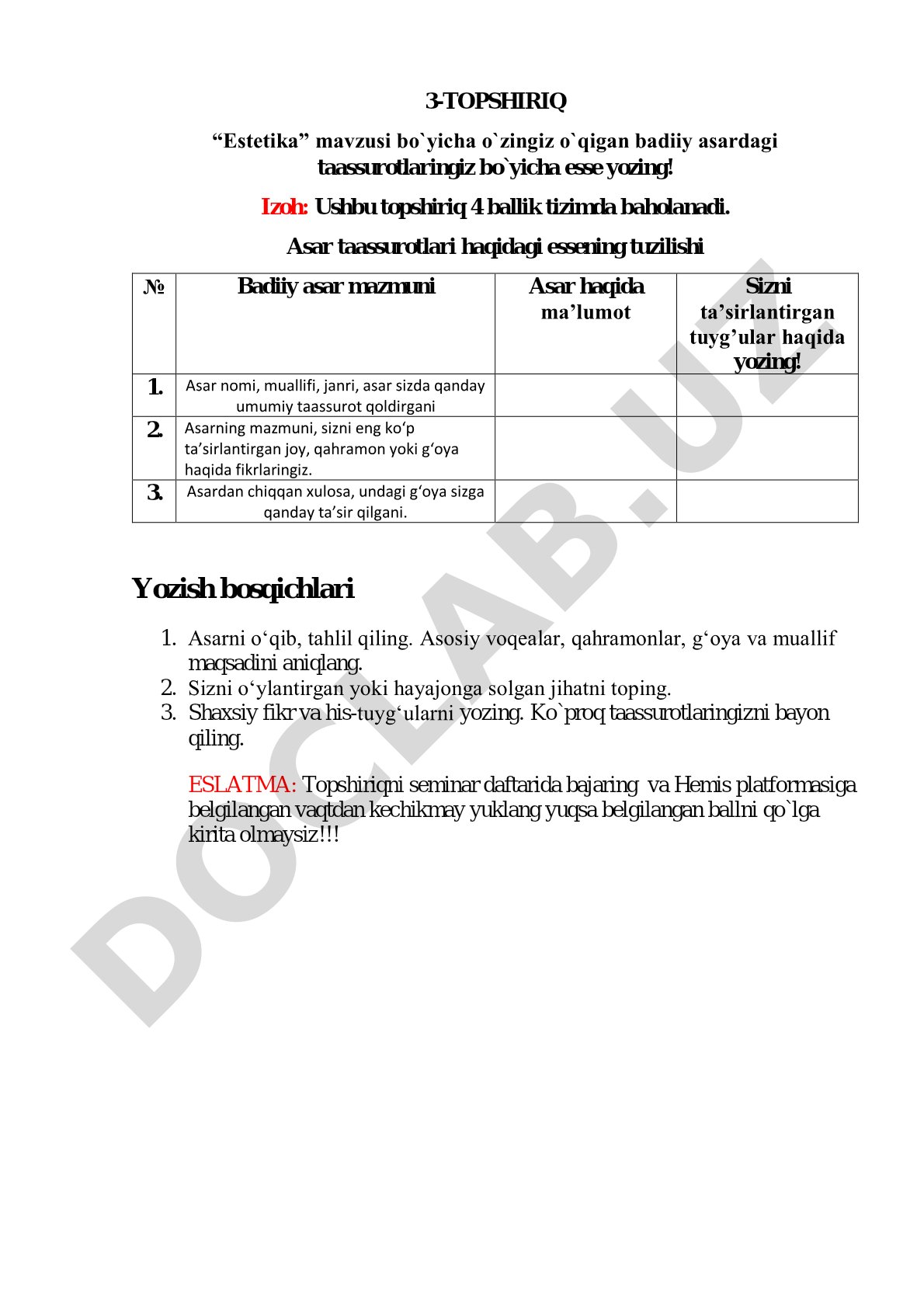 Estetika mavzusida esse yozish topshirig'i