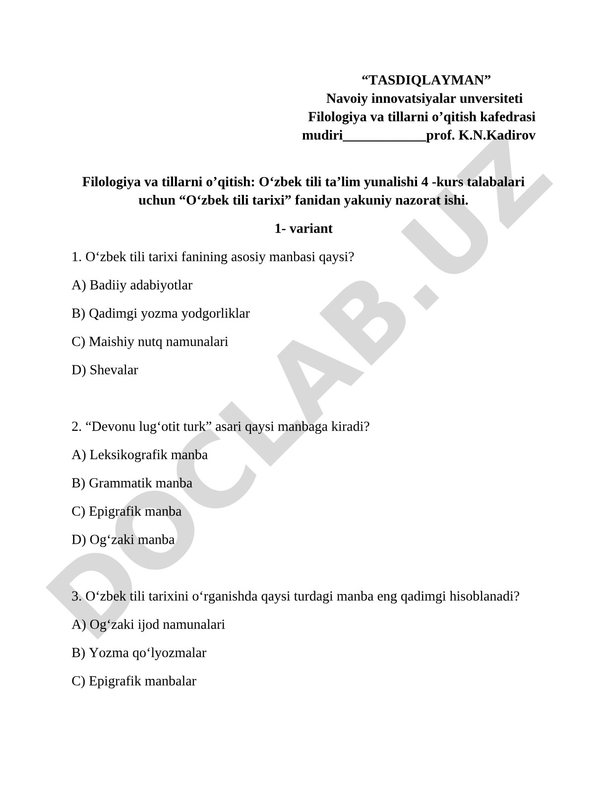 O'zbek tili tarixi fanidan yakuniy nazorat ishi