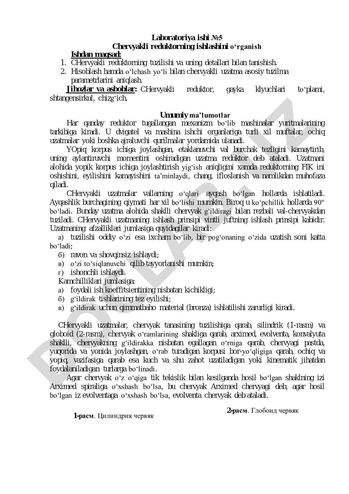 Laboratoriya ishi №5 Chervyakli reduktorning ishlashi ni o‘rganish