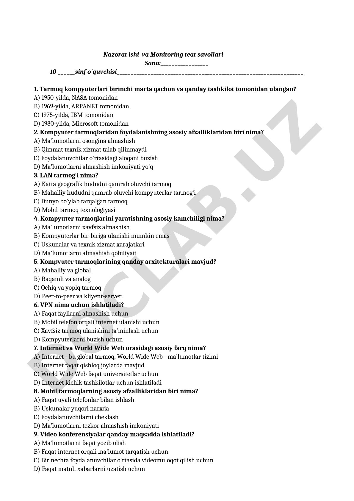 Nazorat ishi va Monitoring teat savollari