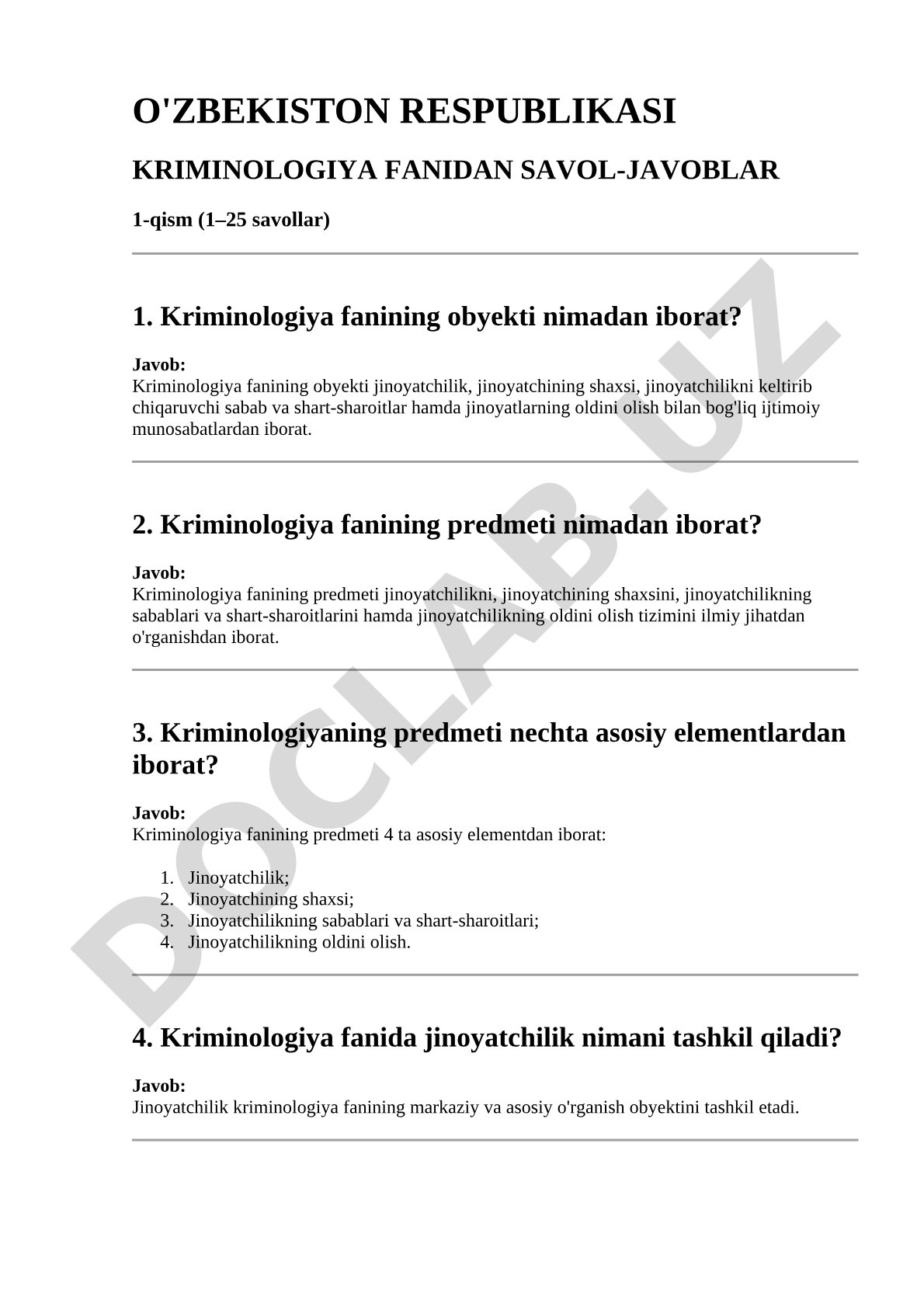 Kriminologiya fanidan savol-javoblar to'plami (1-25 savollar)