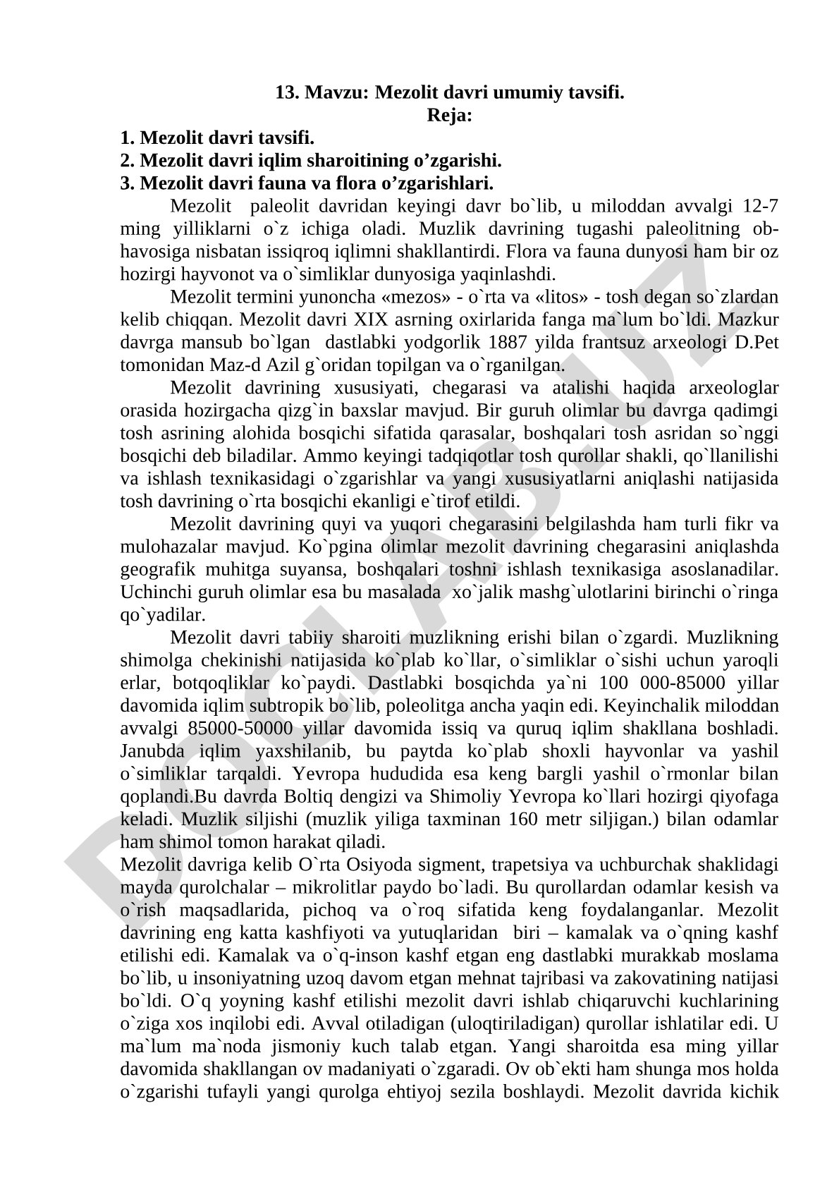 Mezolit davri umumiy tavsifi
