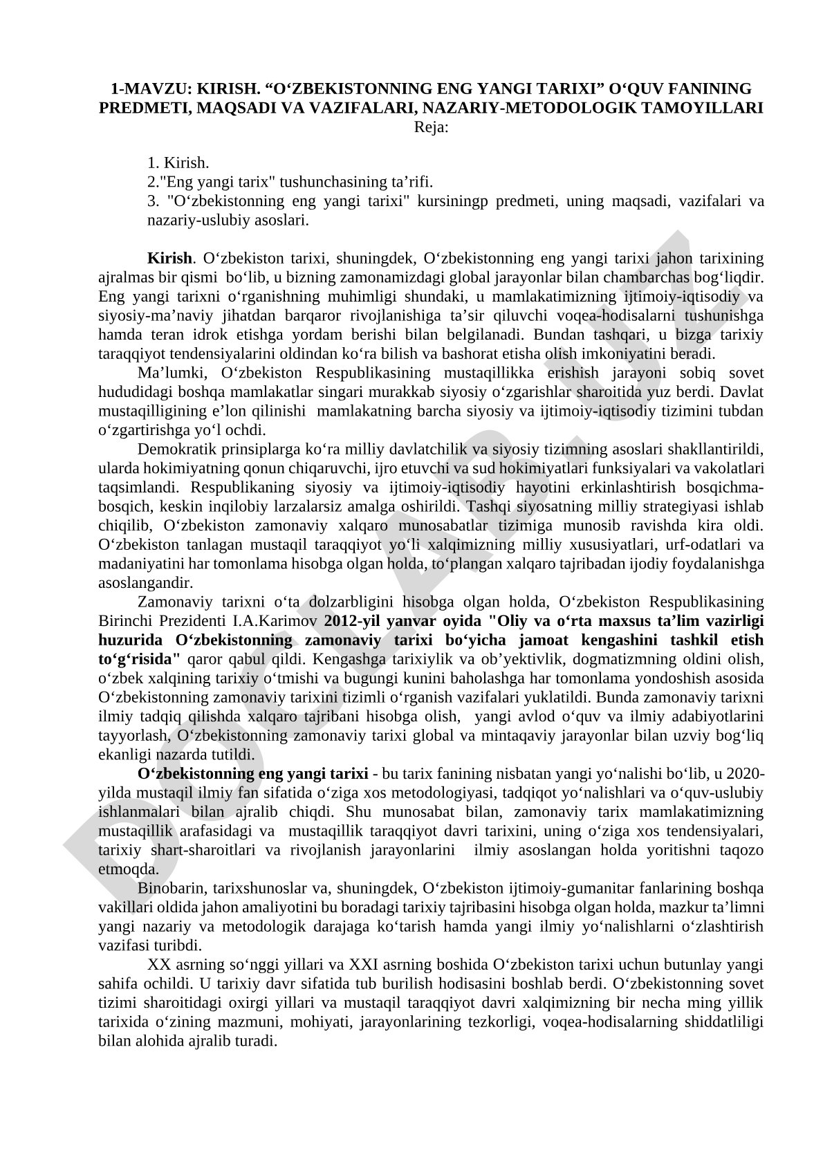 O‘zbekistonning eng yangi tarixi fanining predmeti, maqsadi va vazifalari