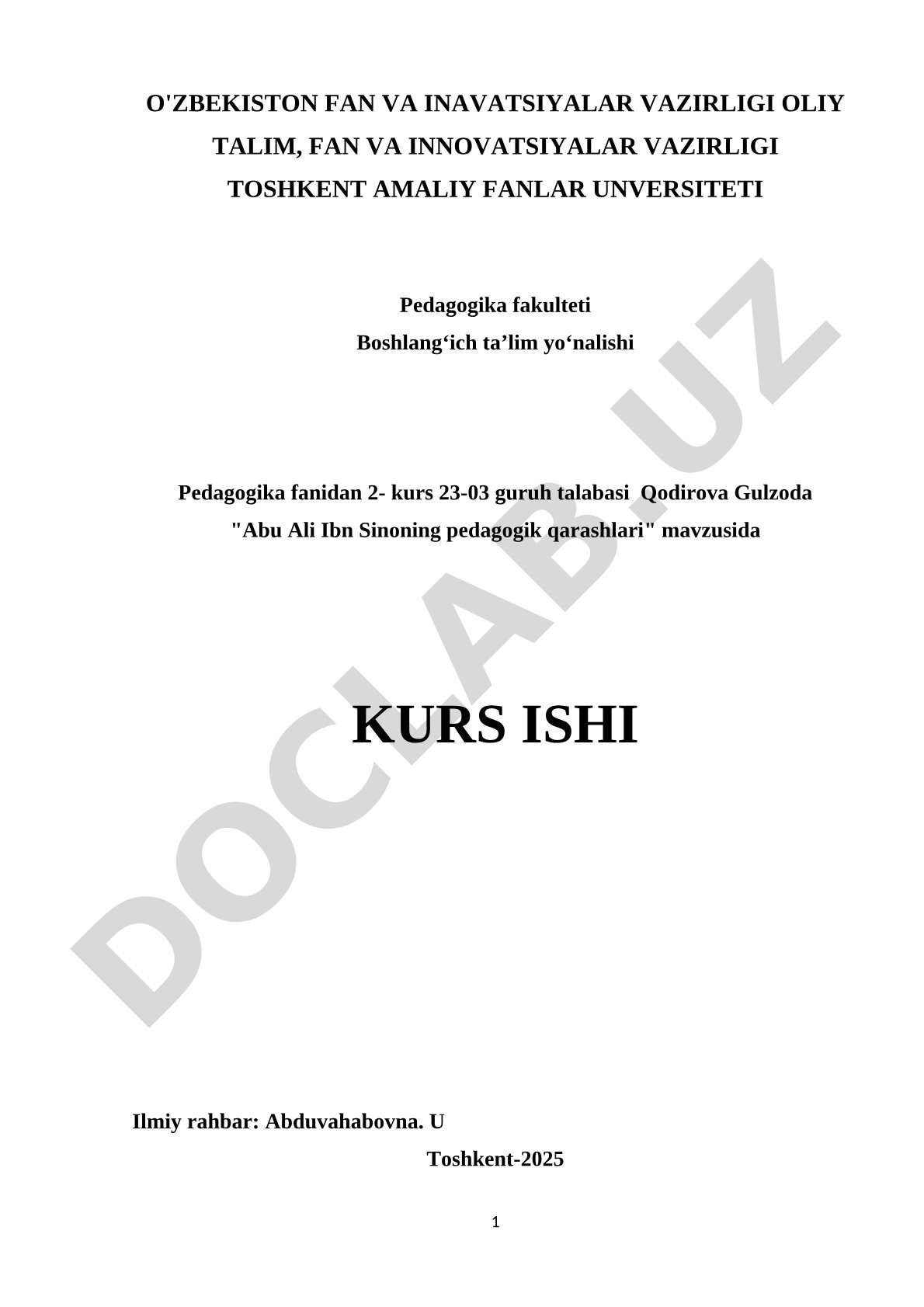 Abu Ali Ibn Sinoning pedagogik qarashlari