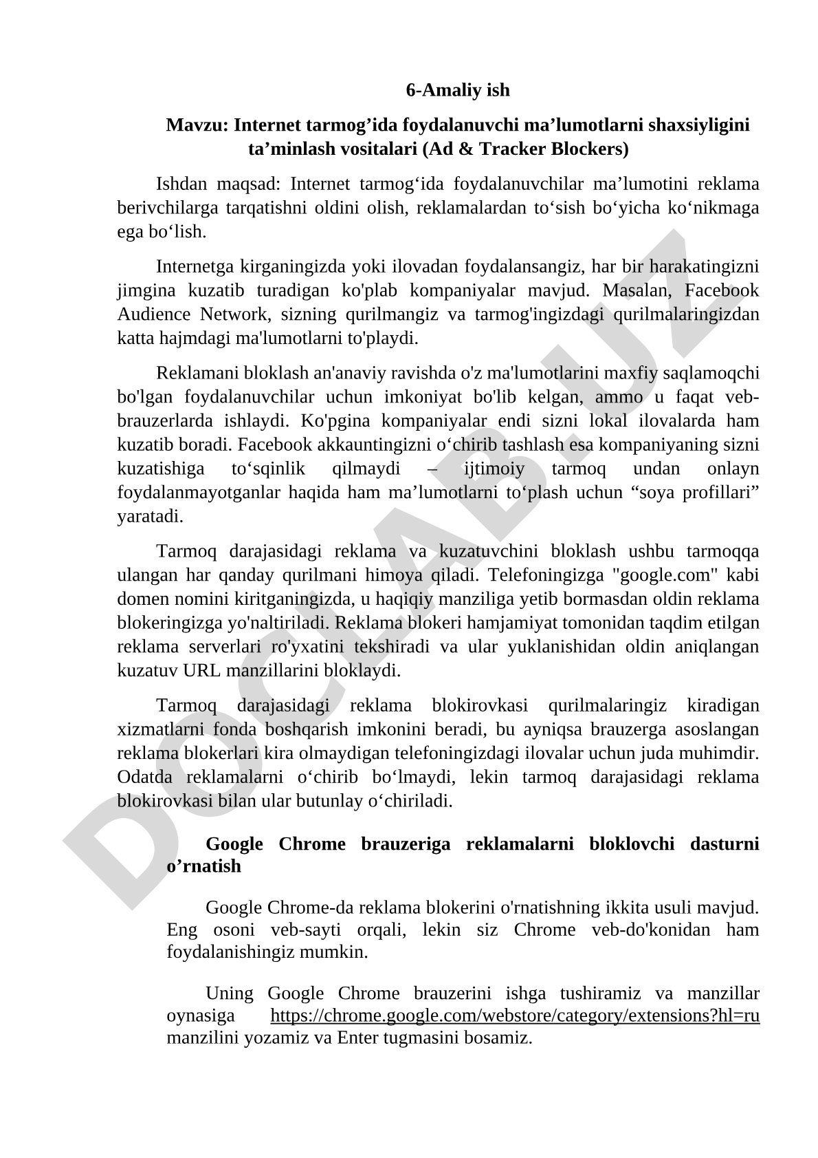 Internet tarmog'ida foydalanuvchi ma'lumotlarni shaxsiyligini ta'minlash vositalari (Ad & Tracker Blockers)