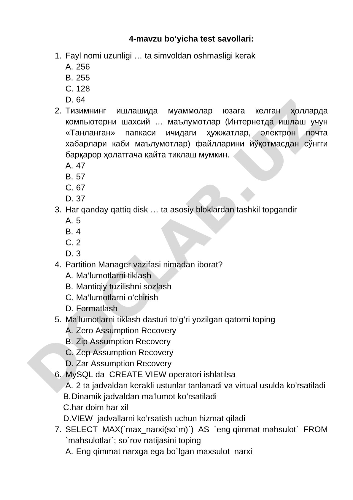 4-mavzu bo‘yicha test savollari