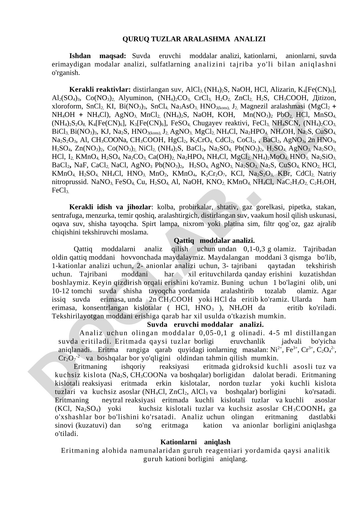 Quruq tuzlar aralashma analizi