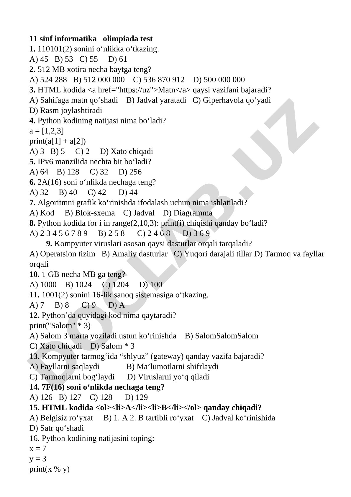 11 sinf informatika olimpiada test 1