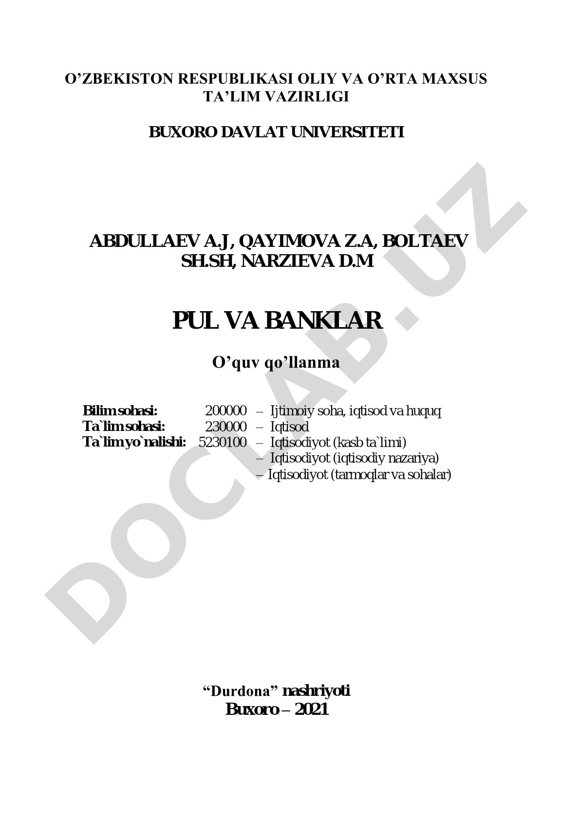 Pul va banklar fanidan o'quv qo'llanma, pul muomalasi va bank tizimi asoslari yoritilgan
