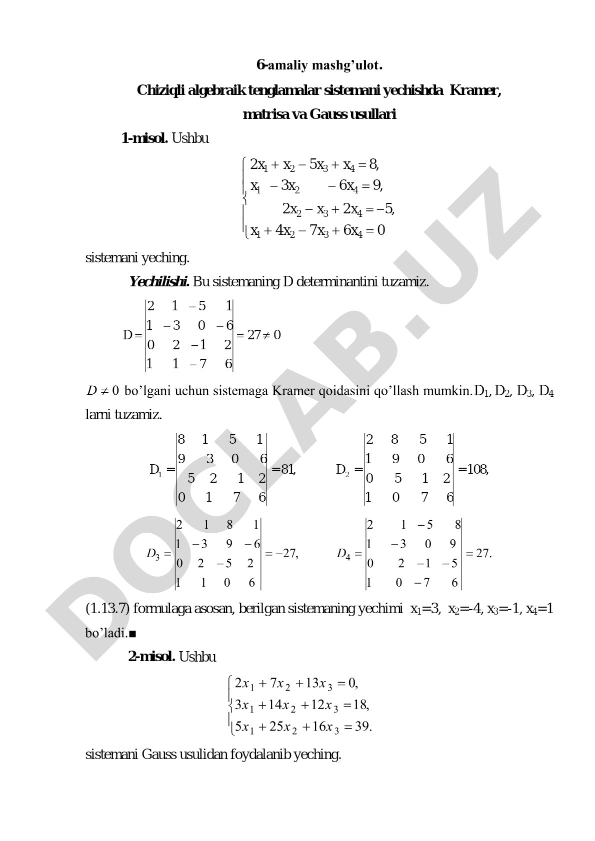 Chiziqli algebraik tenglamalar sistemani yechishda Kramer, matrisa va Gauss usullari