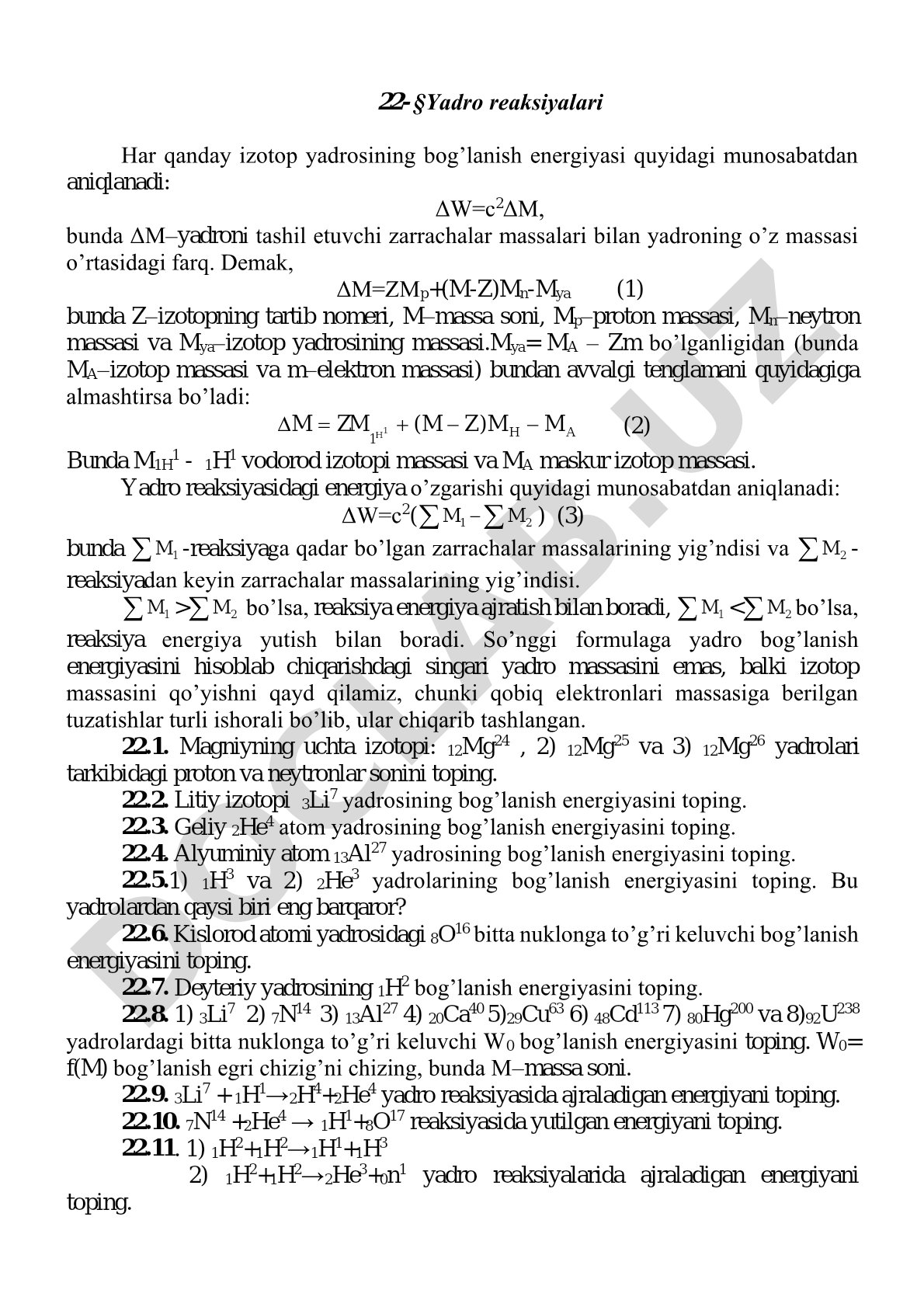 Yadro bog‘lanish energiyasini hisoblash va yadro reaksiyalarida energiya o‘zgarishi