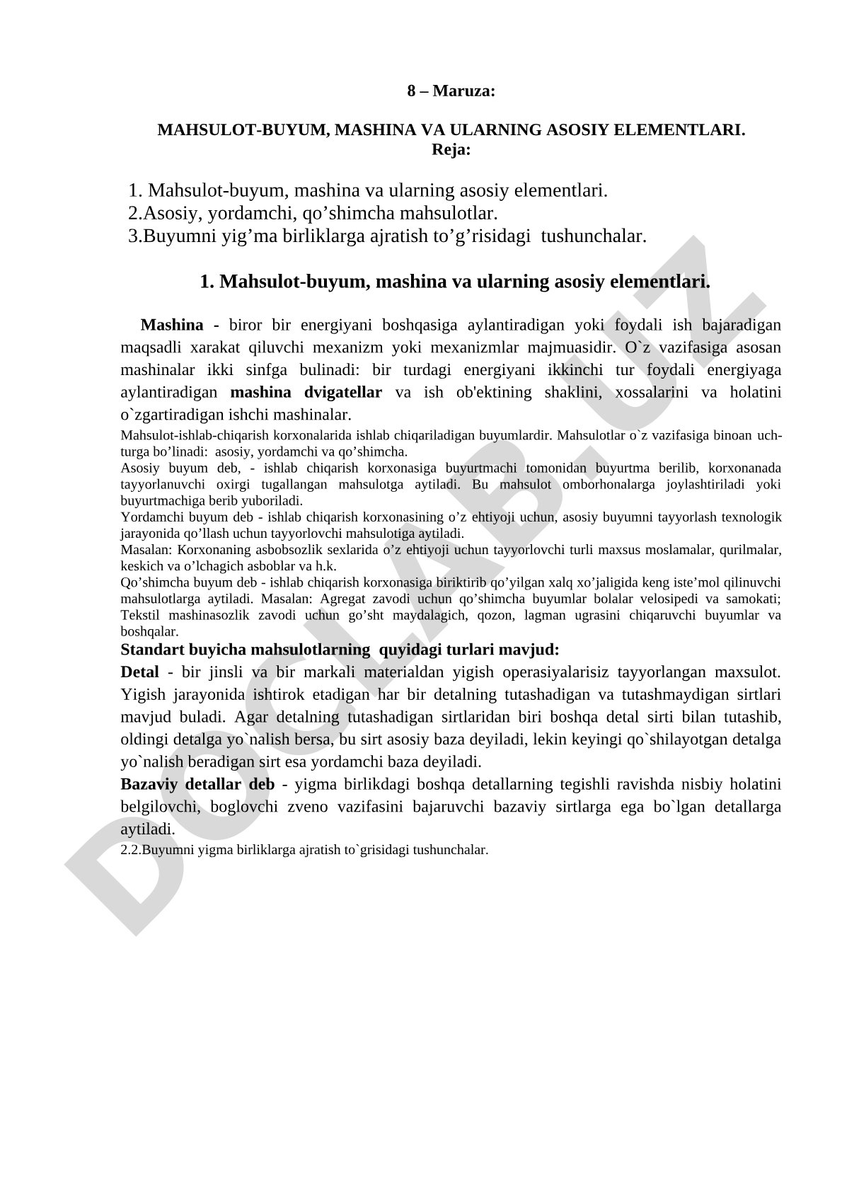 MAHSULOT-BUYUM, MASHINA VA ULARNING ASOSIY ELEMENTLARI
