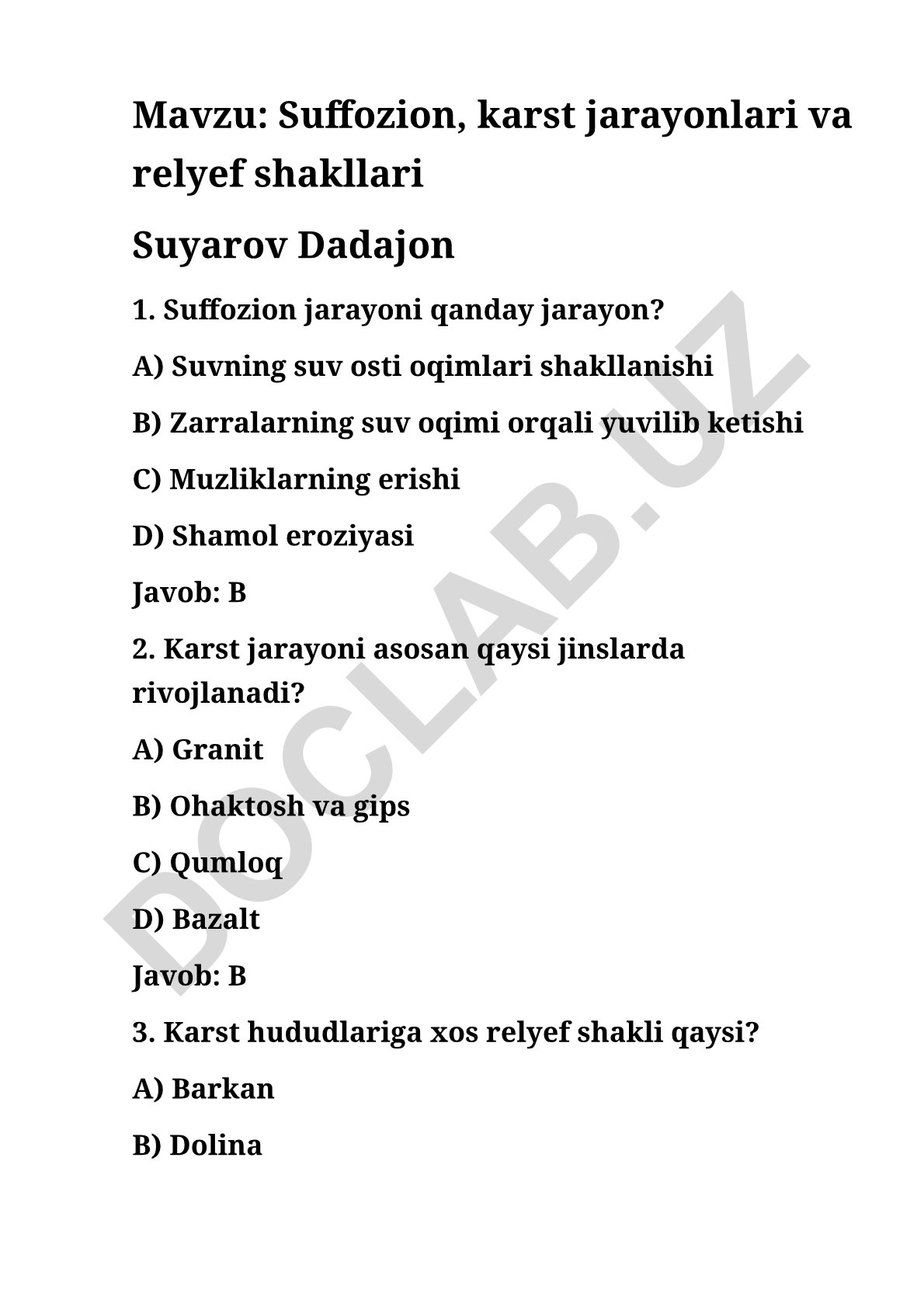 Suffozion, karst jarayonlari va relyef shakllari