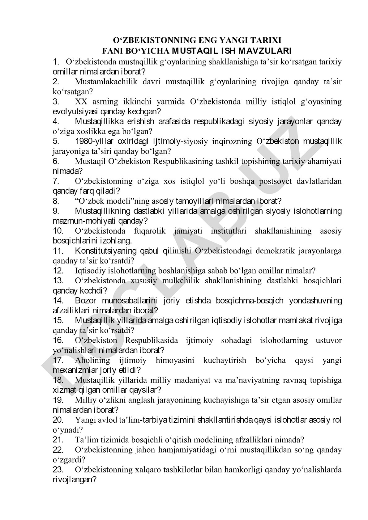 O‘zbekistonning eng yangi tarixi fani bo‘yicha mustaqil ish mavzulari