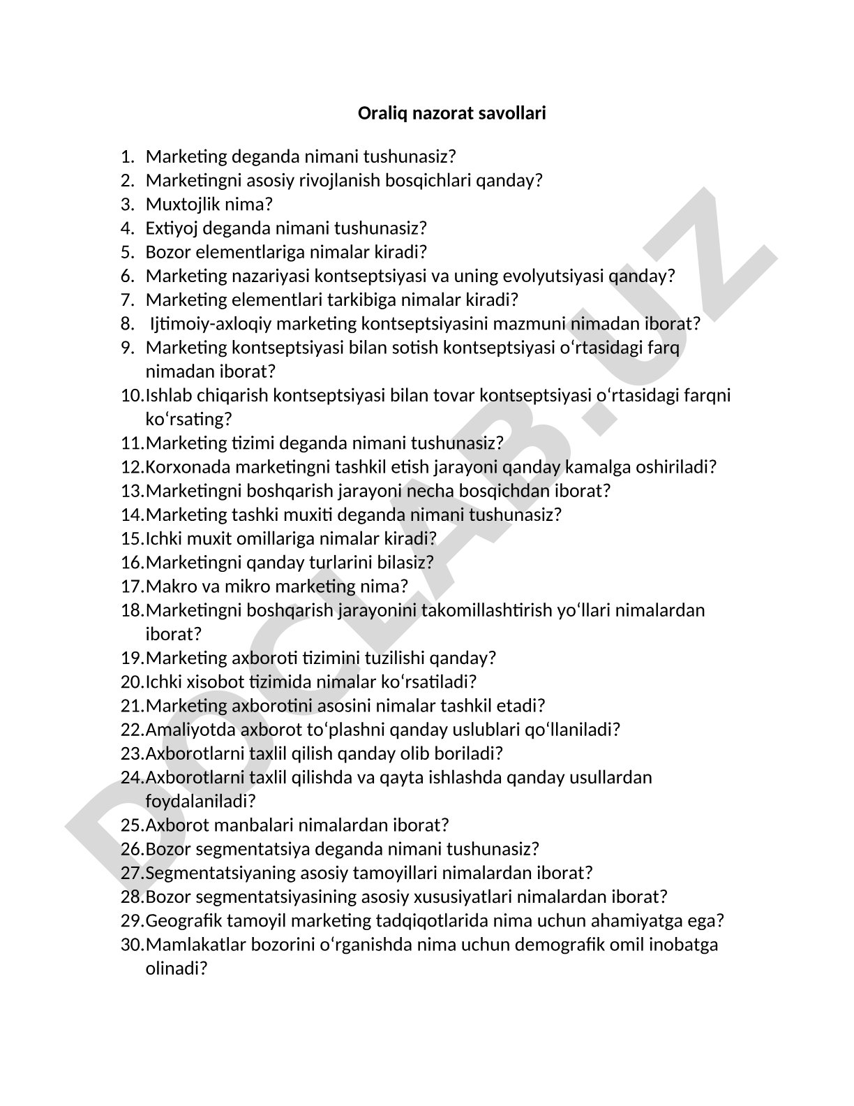 Marketing asoslari bo'yicha oraliq nazorat savollari