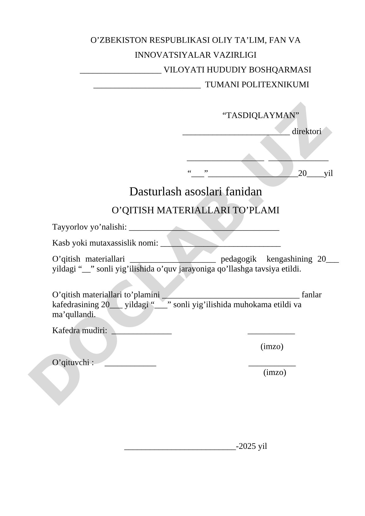 Dasturlash asoslari fanidan o'qitish materiallari to'plami