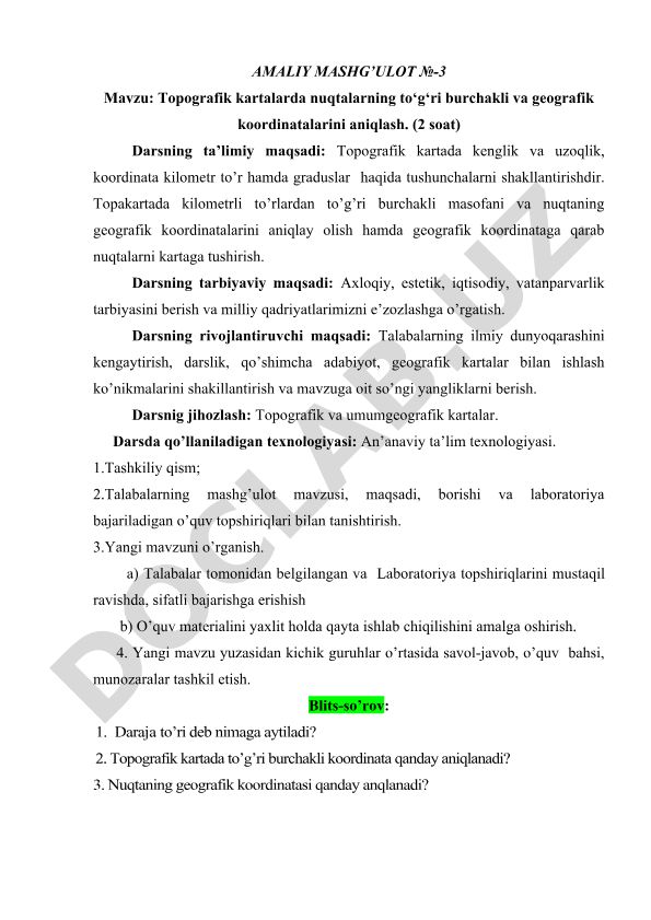 Topografik kartalarda nuqtalarning to‘g‘ri burchakli va geografik koordinatalarini aniqlash