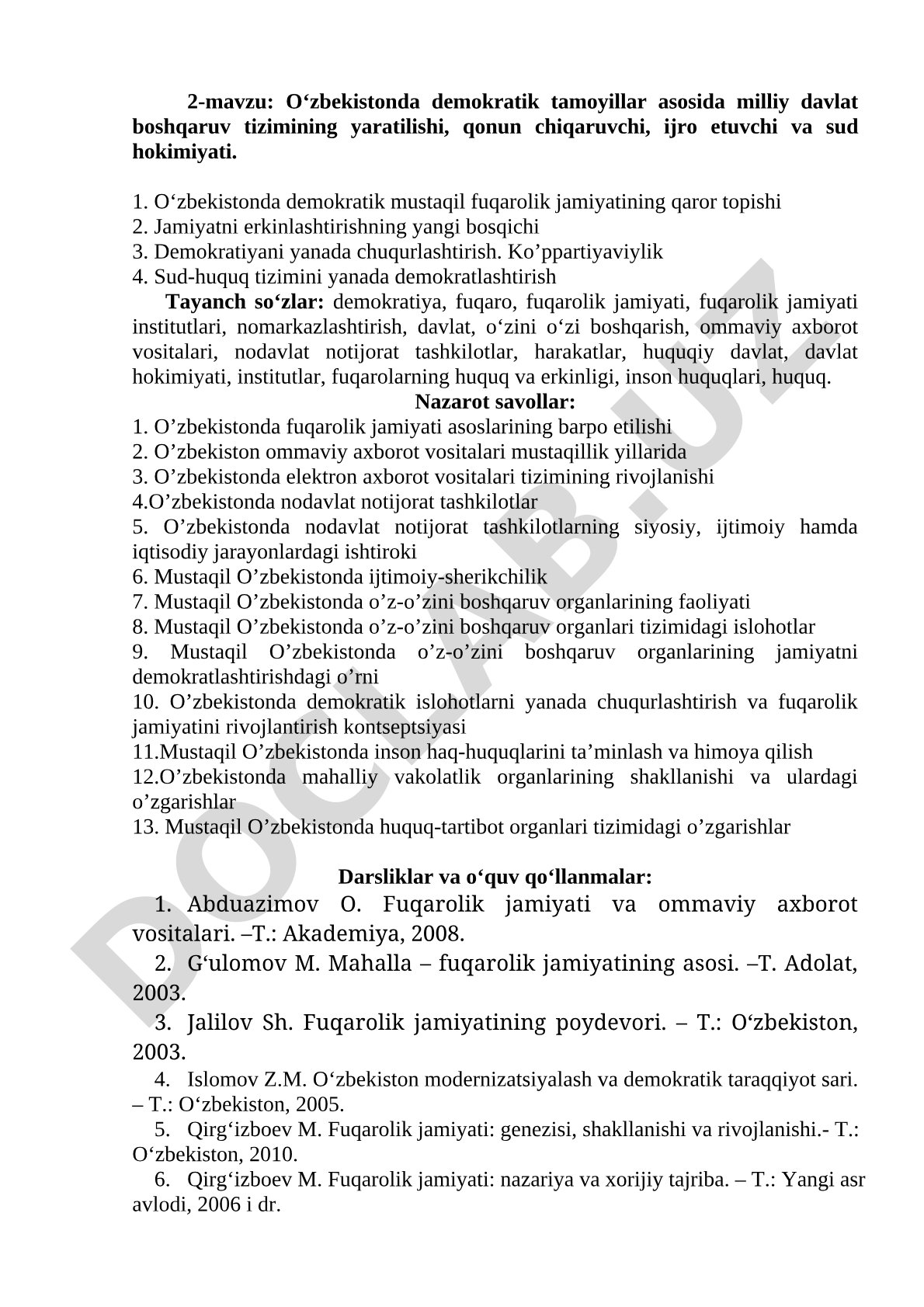 O‘zbekistonda demokratik tamoyillar asosida milliy davlat boshqaruv tizimining yaratilishi, qonun chiqaruvchi, ijro etuvchi va sud hokimiyati