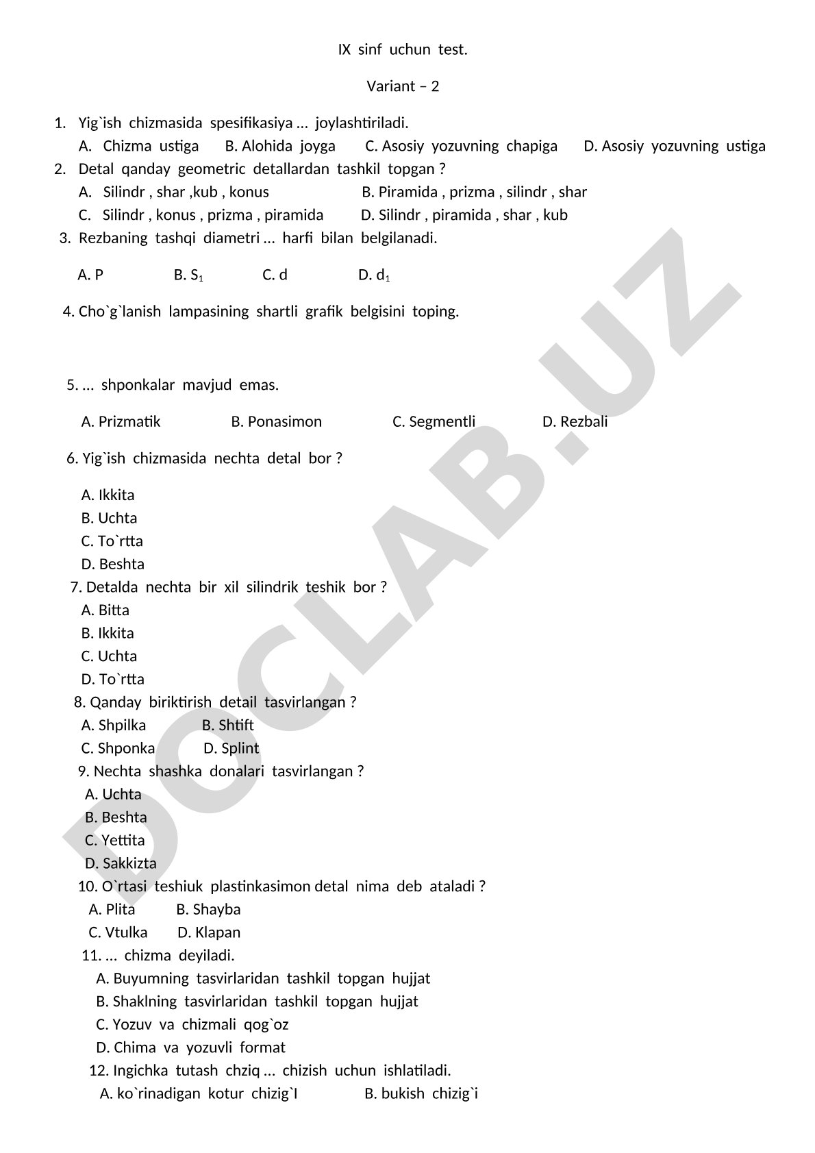 IX sinf uchun test. Variant – 2