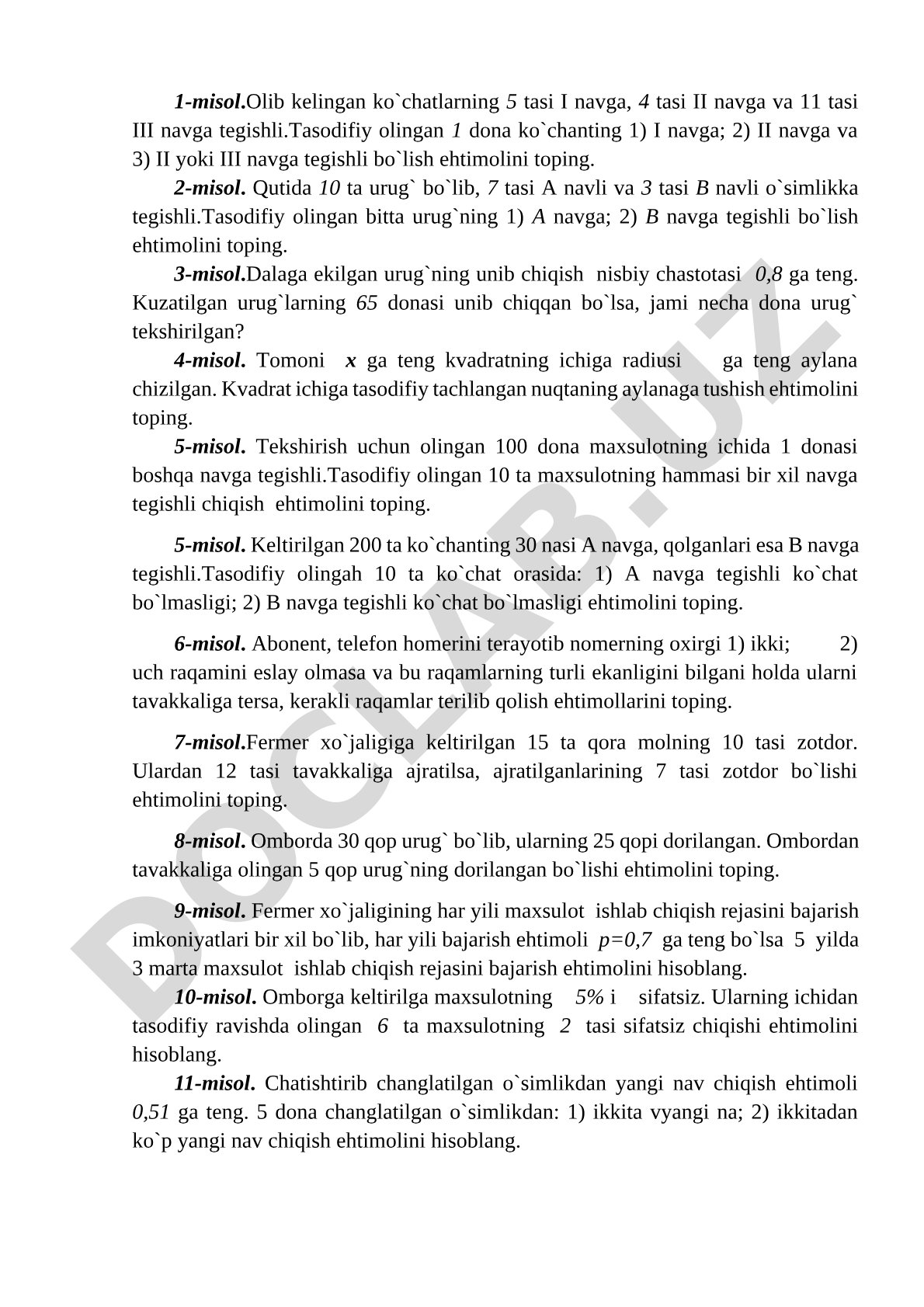 Ehtimollik nazariyasiga oid masalalar