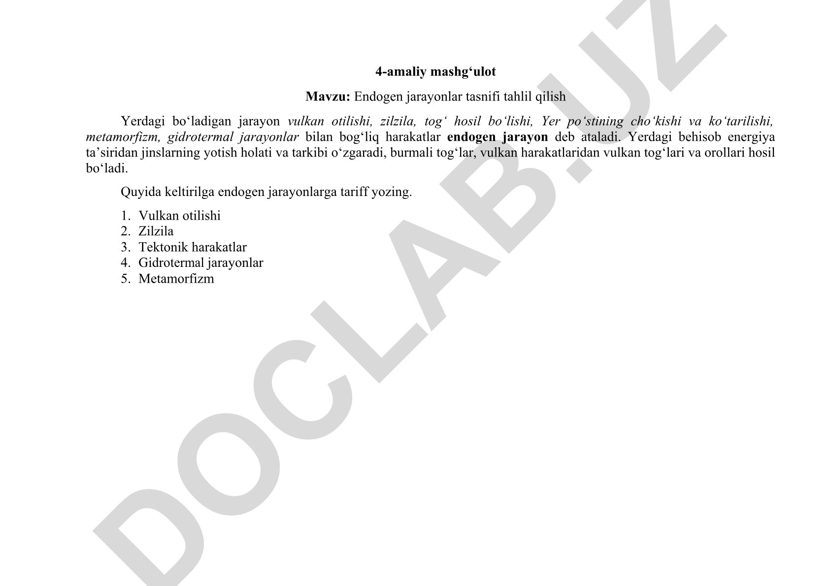 Endogen jarayonlar tasnifi tahlil qilish
