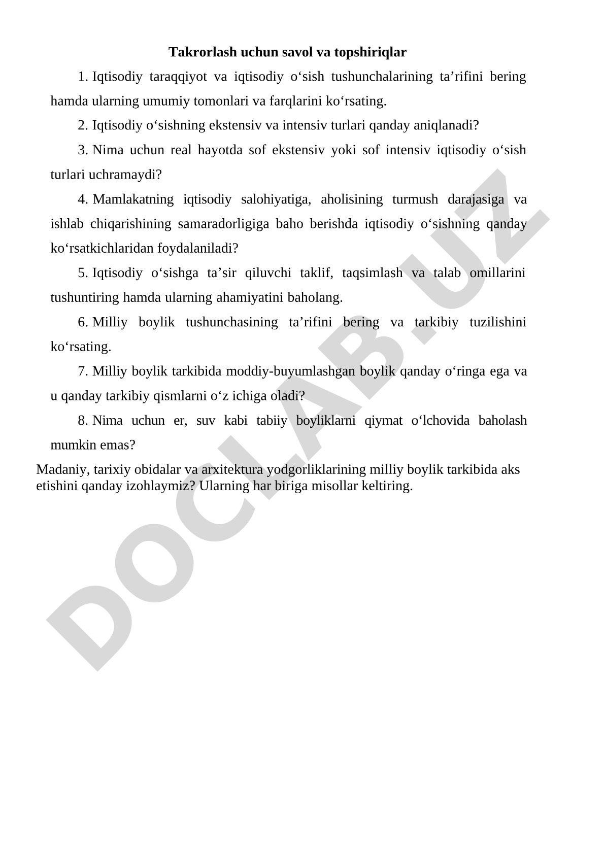 Iqtisodiy taraqqiyot va iqtisodiy o'sish tushunchalari, milliy boylik