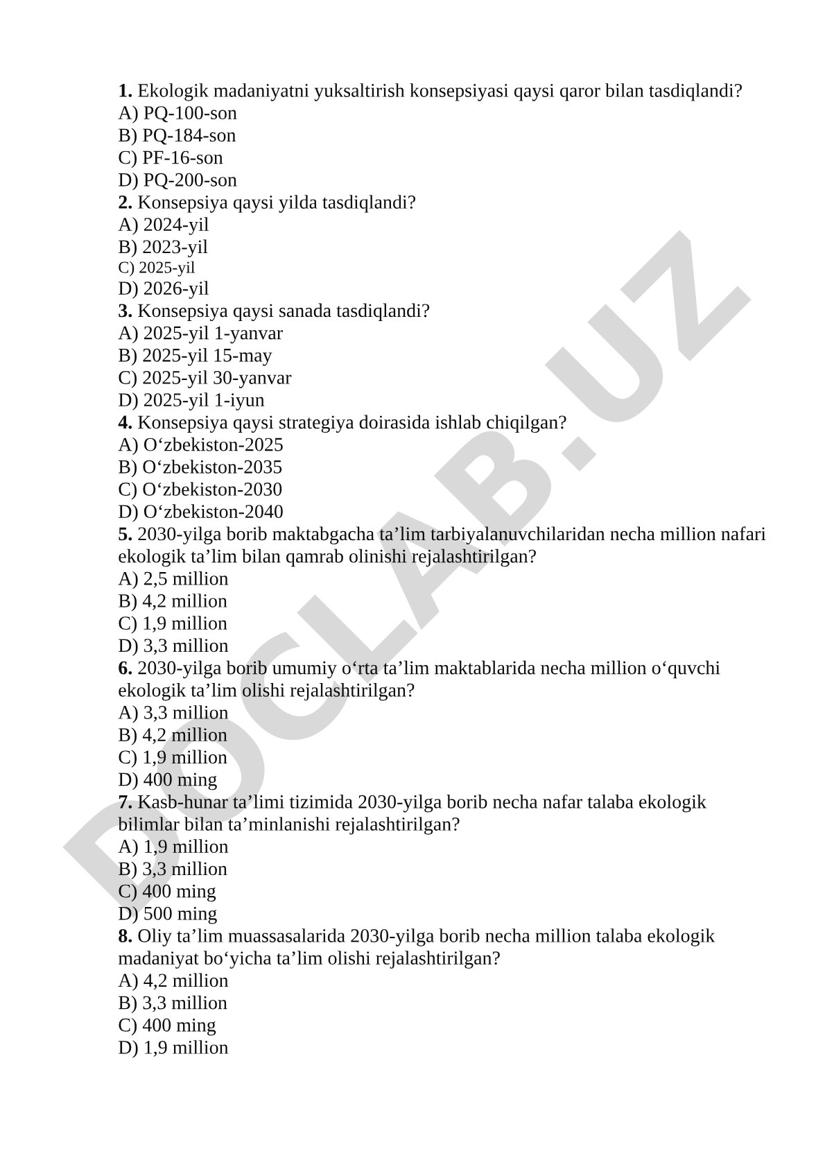 Ekologik madaniyatni yuksaltirish konsepsiyasi test savollari