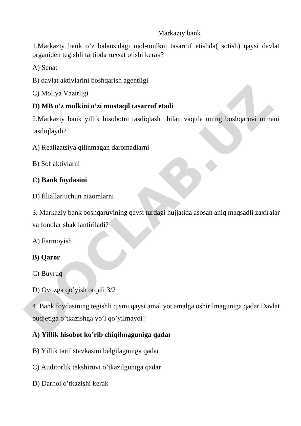 Markaziy bank faoliyati va boshqaruvi bo'yicha savollar
