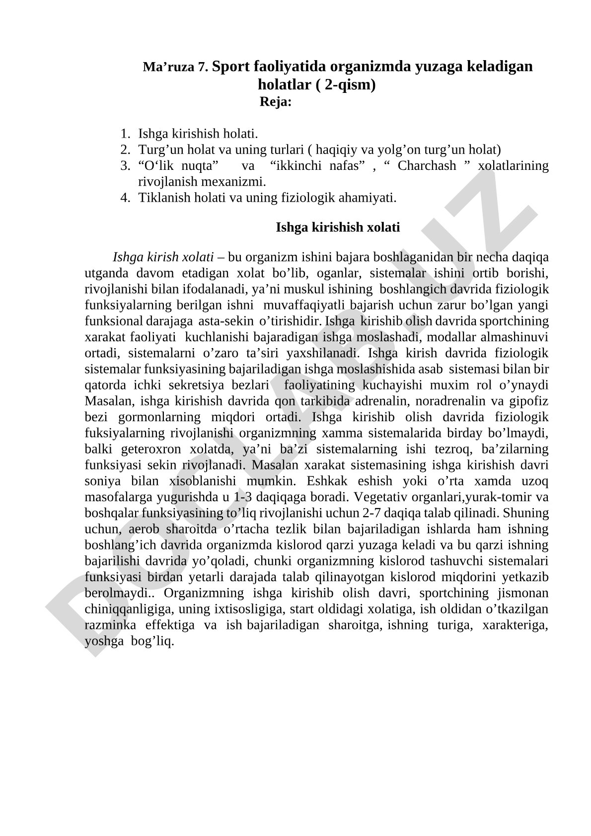Ma’ruza 7. Sport faoliyatida organizmda yuzaga keladigan holatlar ( 2-qism)