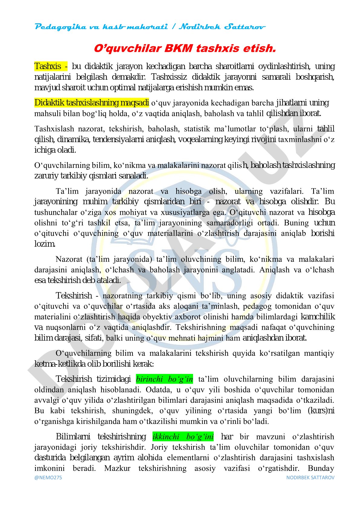 O’quvchilar BKM tashxis etish
