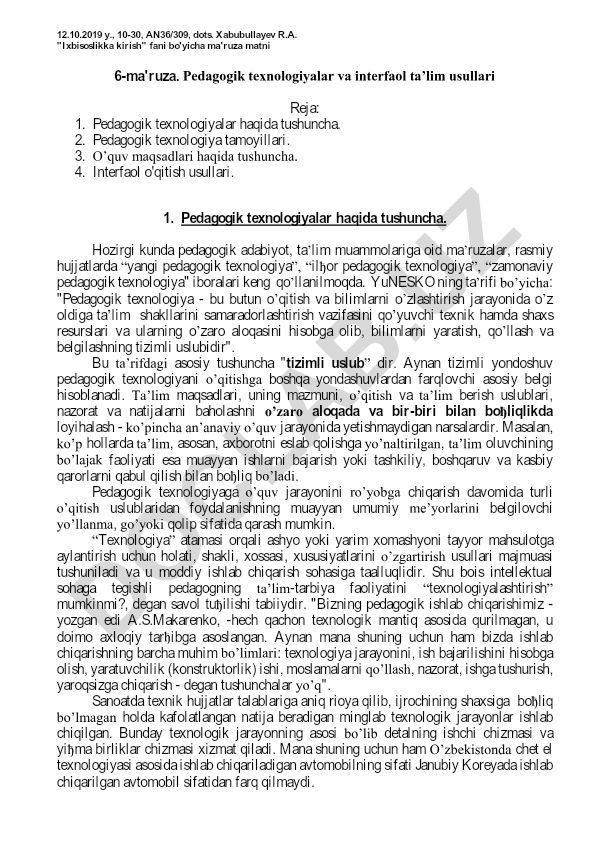 Pedagogik texnologiyalar va interfaol ta'lim usullari