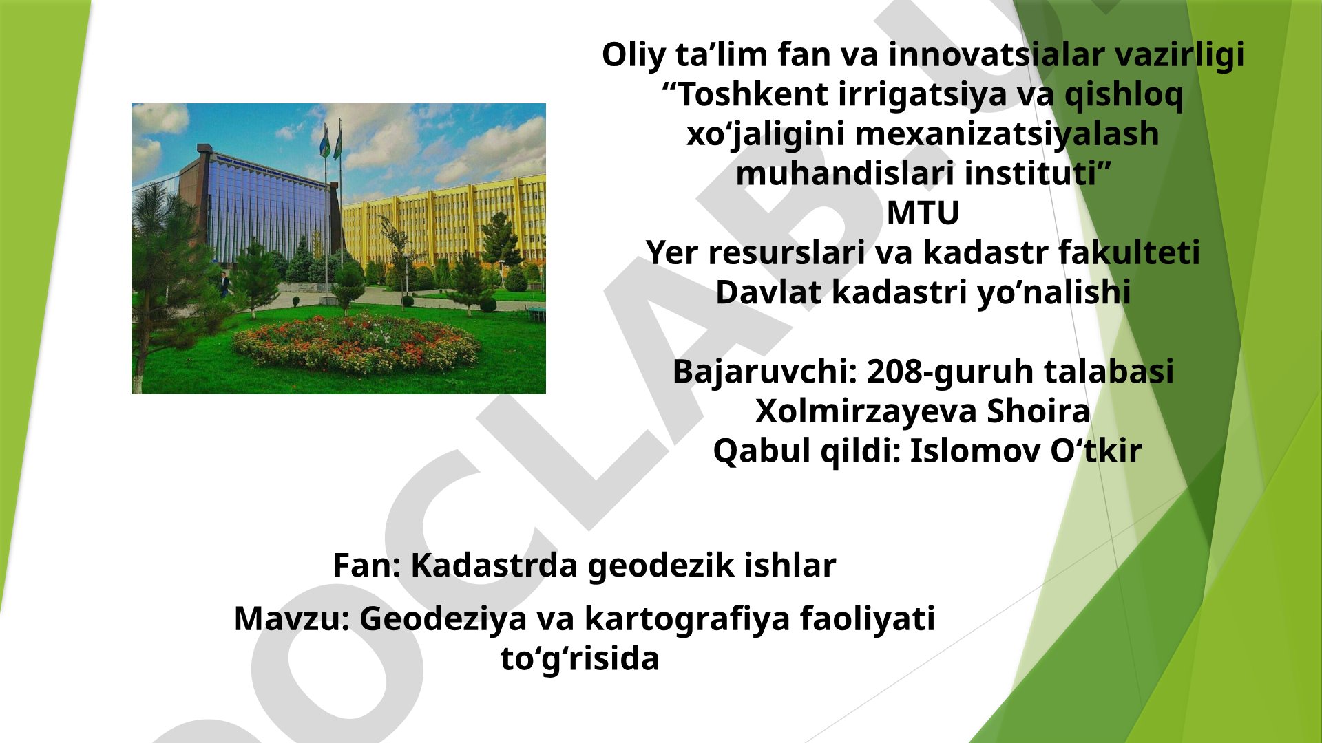 Geodeziya va kartografiya faoliyati to‘g‘risida O‘zbekiston Respublikasining Qonuni