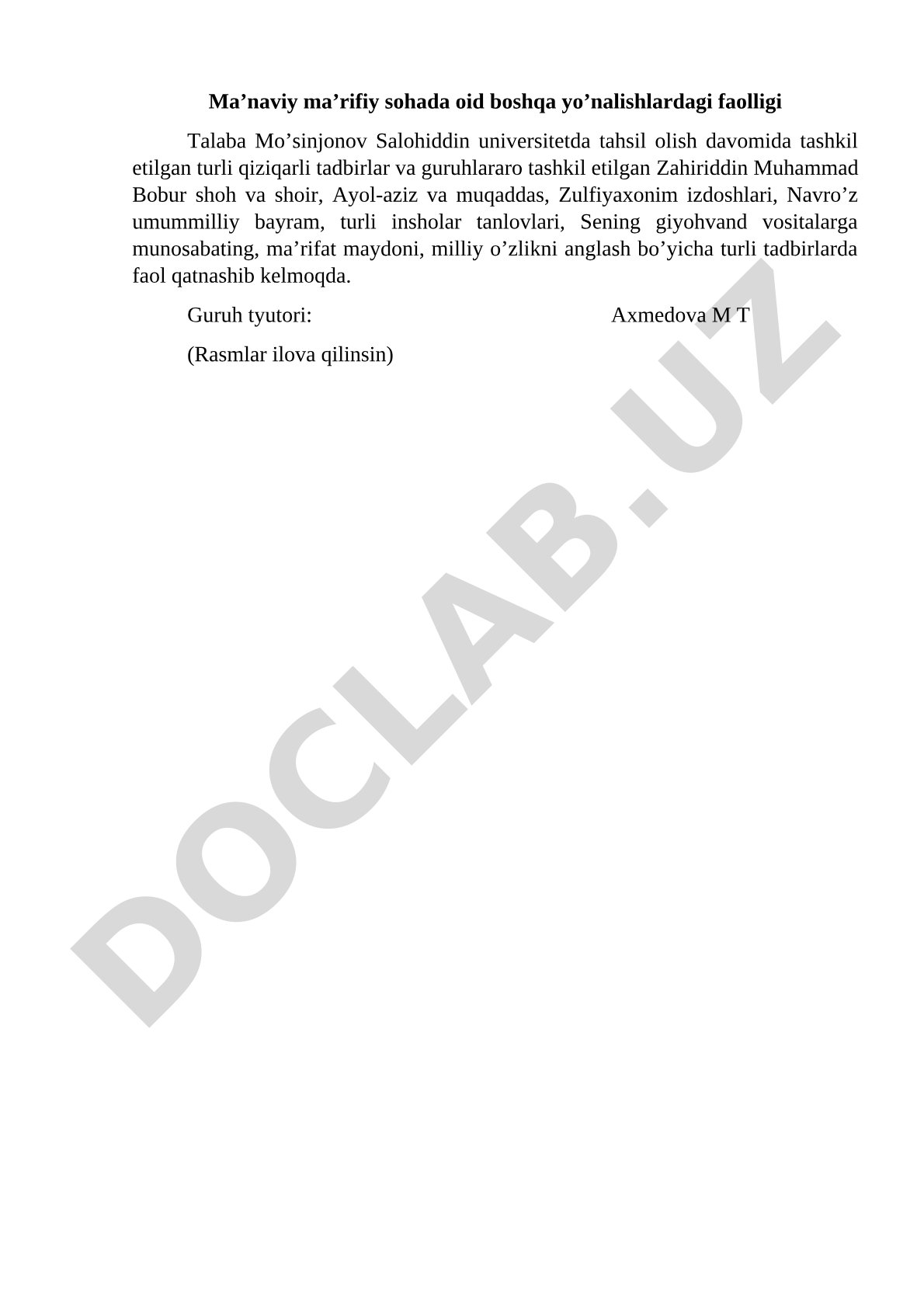Ma’naviy ma’rifiy sohada oid boshqa yo’nalishlardagi faolligi