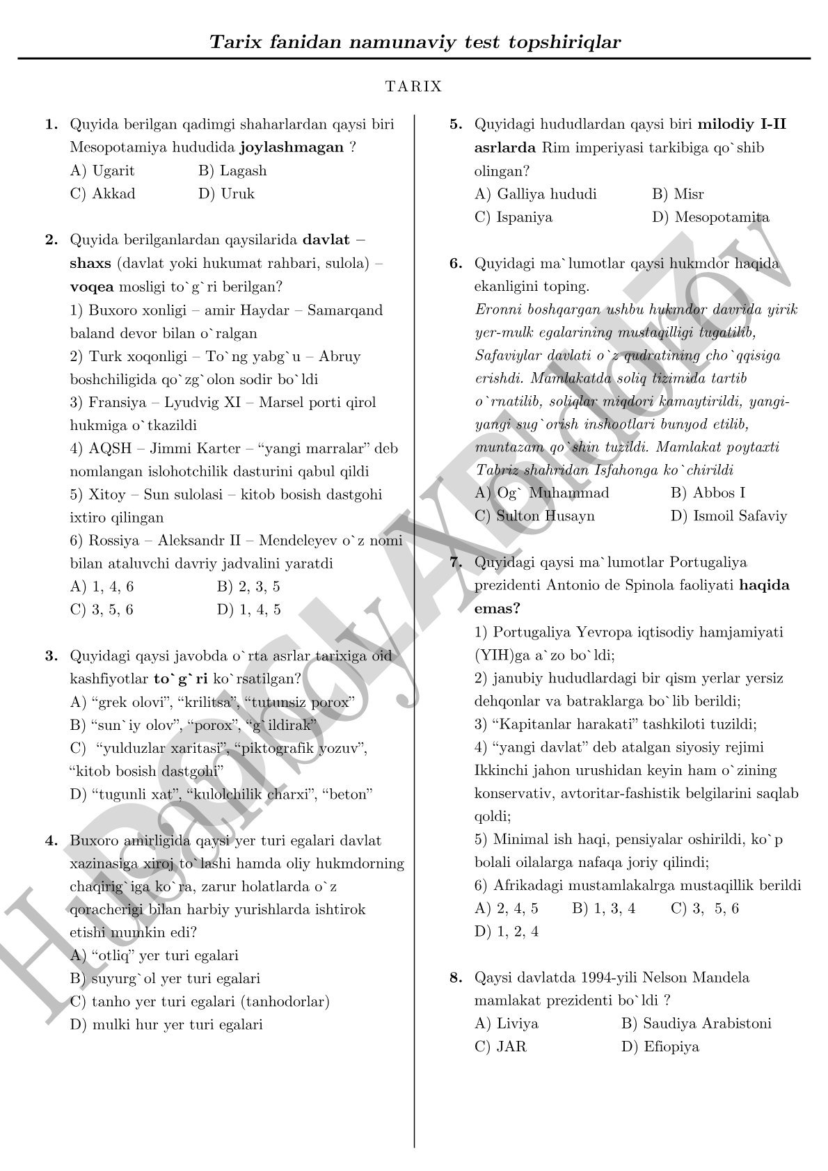 Tarix fanidan namunaviy test topshiriqlar
