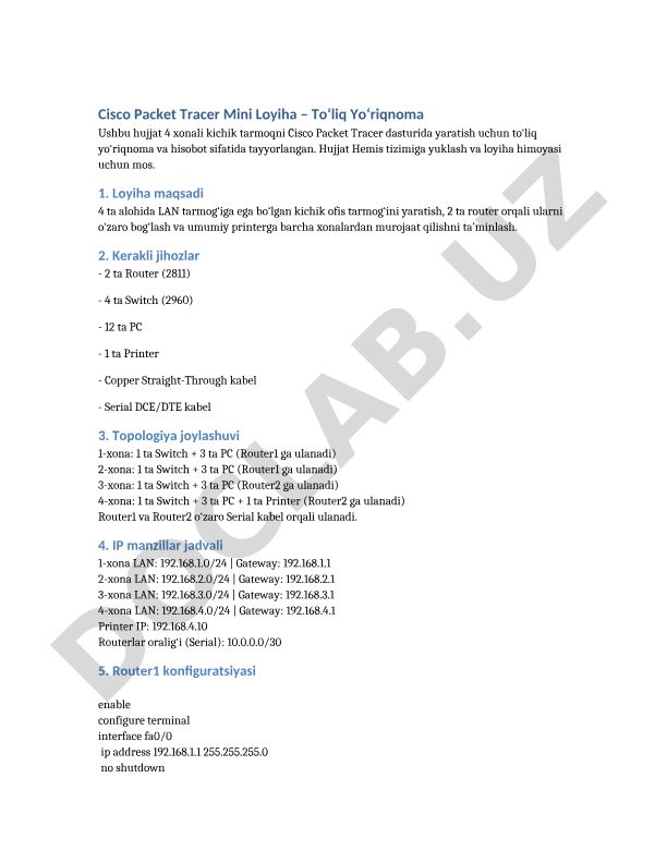 Cisco Packet Tracer Mini Loyiha – To‘liq Yo‘riqnoma