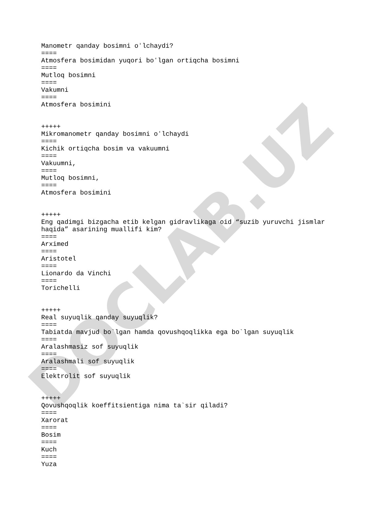 Gidravlika fanidan test savollari