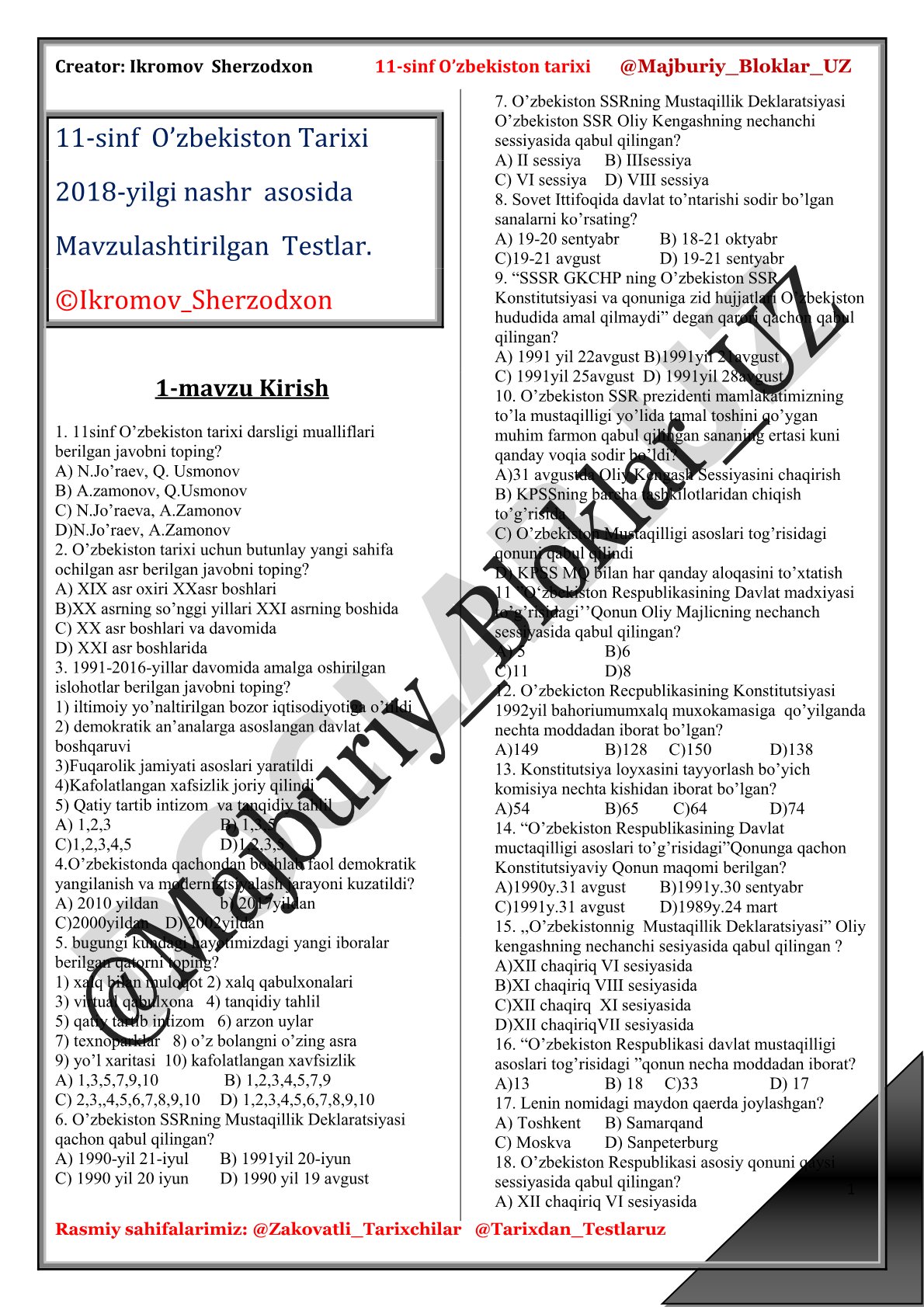 O'zbekiston tarixi 11-sinf mavzulashtirilgan testlar
