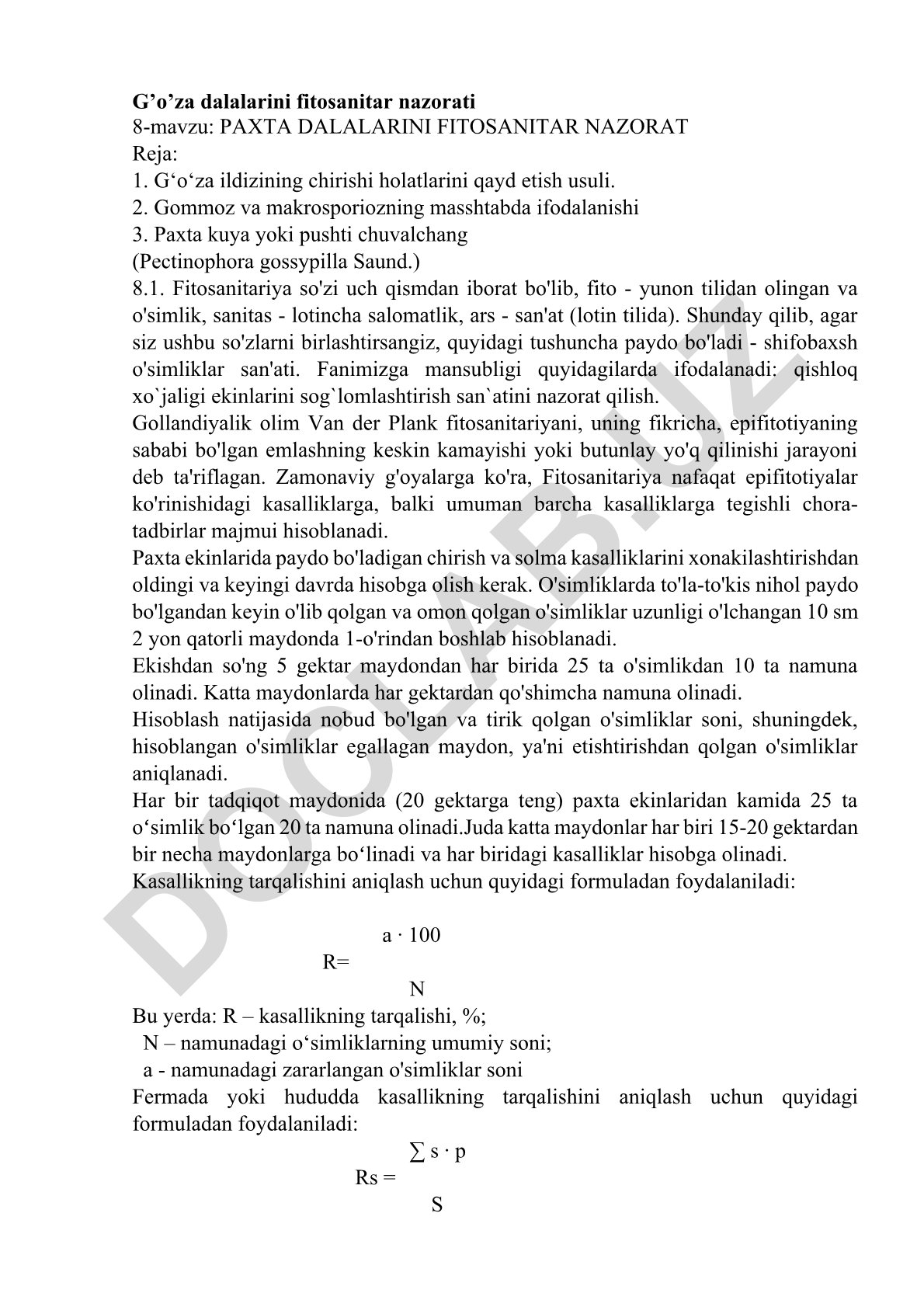 G’o’za dalalarini fitosanitar nazorati