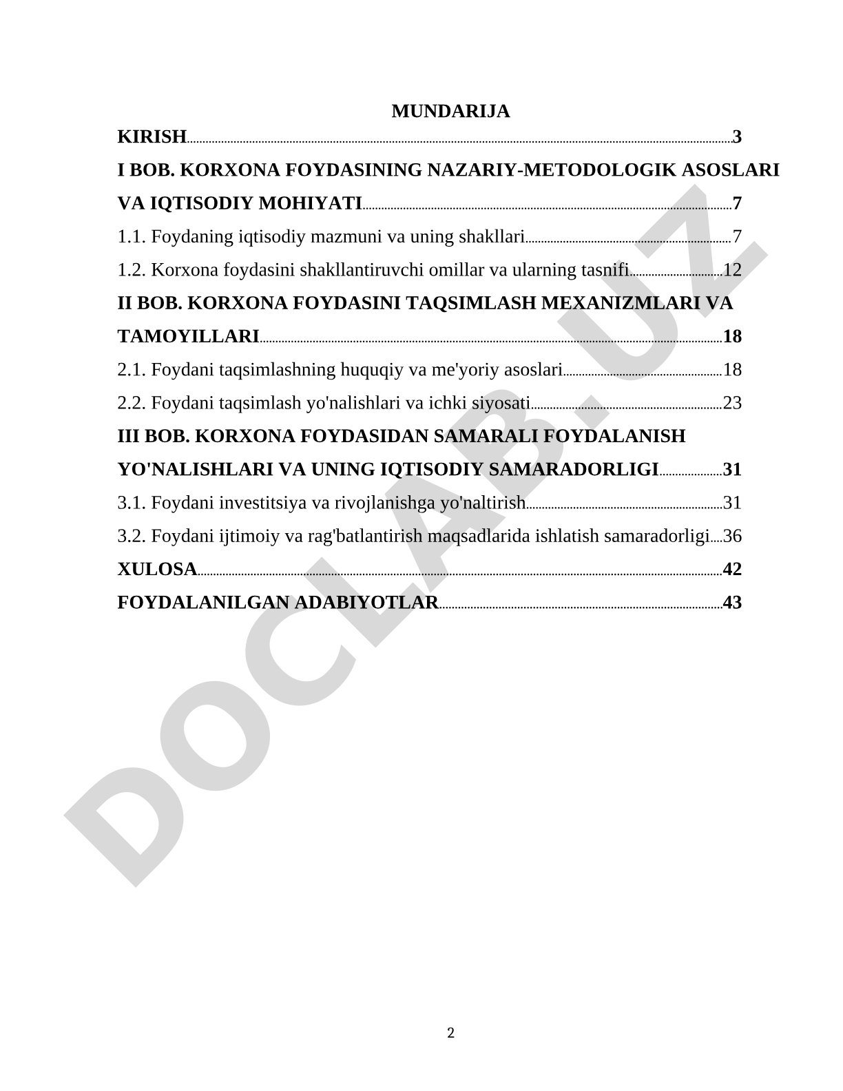 KORXONA FOYDASINING TAQSIMLANISHI VA ISHLATILISHI